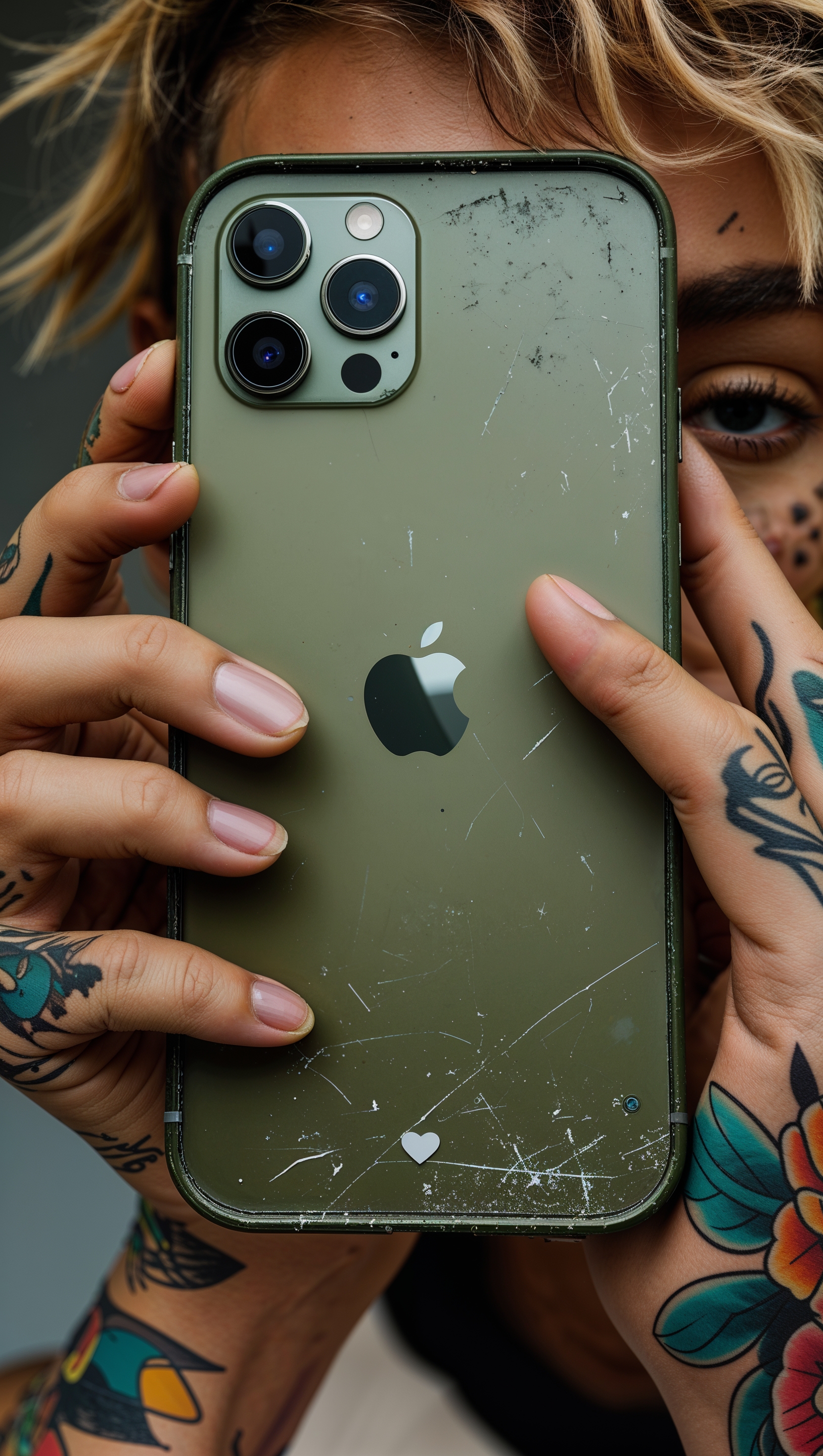 Olive green iPhone held by a tattooed person