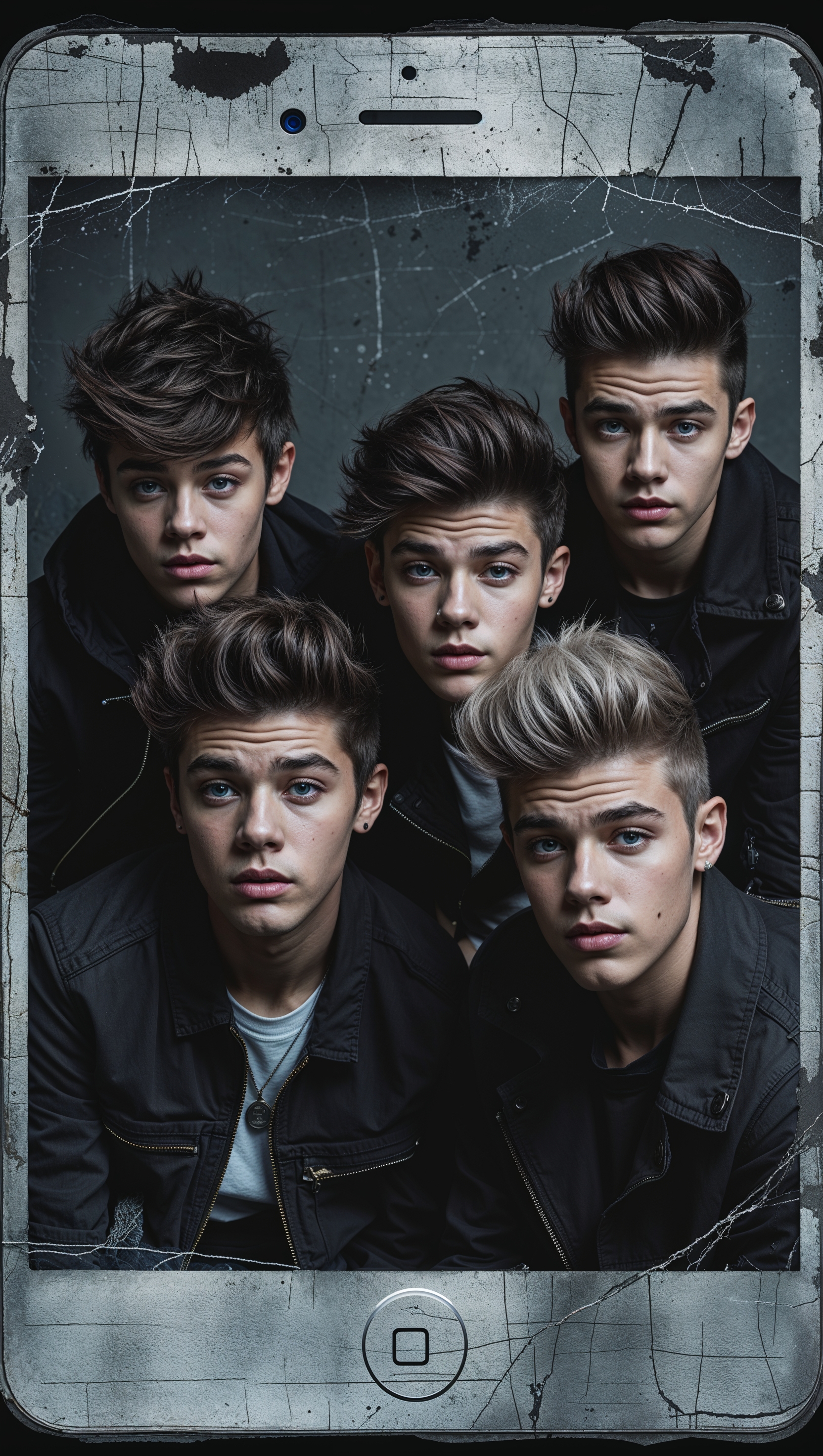 Grunge-style One Direction band photo, dark iPhone background