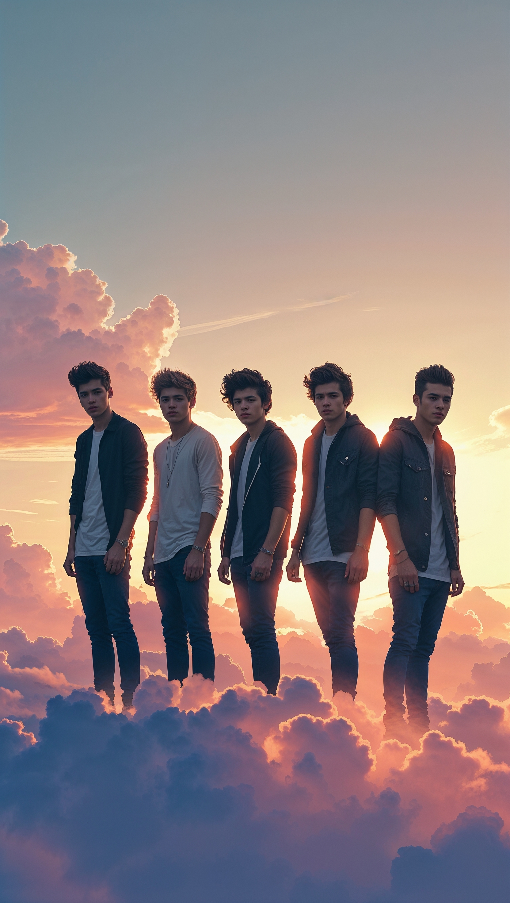 Dreamy sunset with One Direction silhouettes, aesthetic iPhone wallpaper