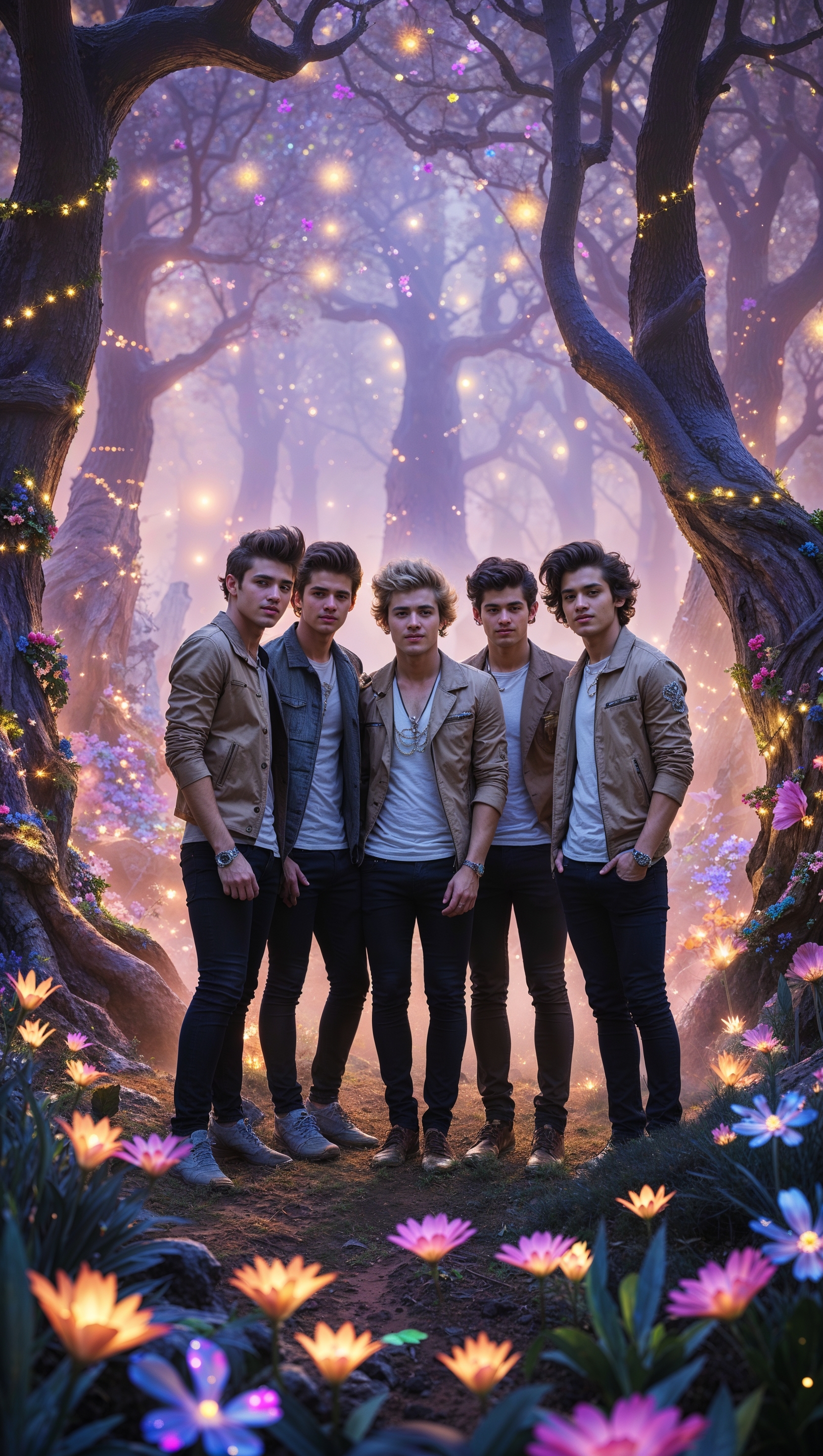 One Direction members in a fantasy forest, magical iPhone background