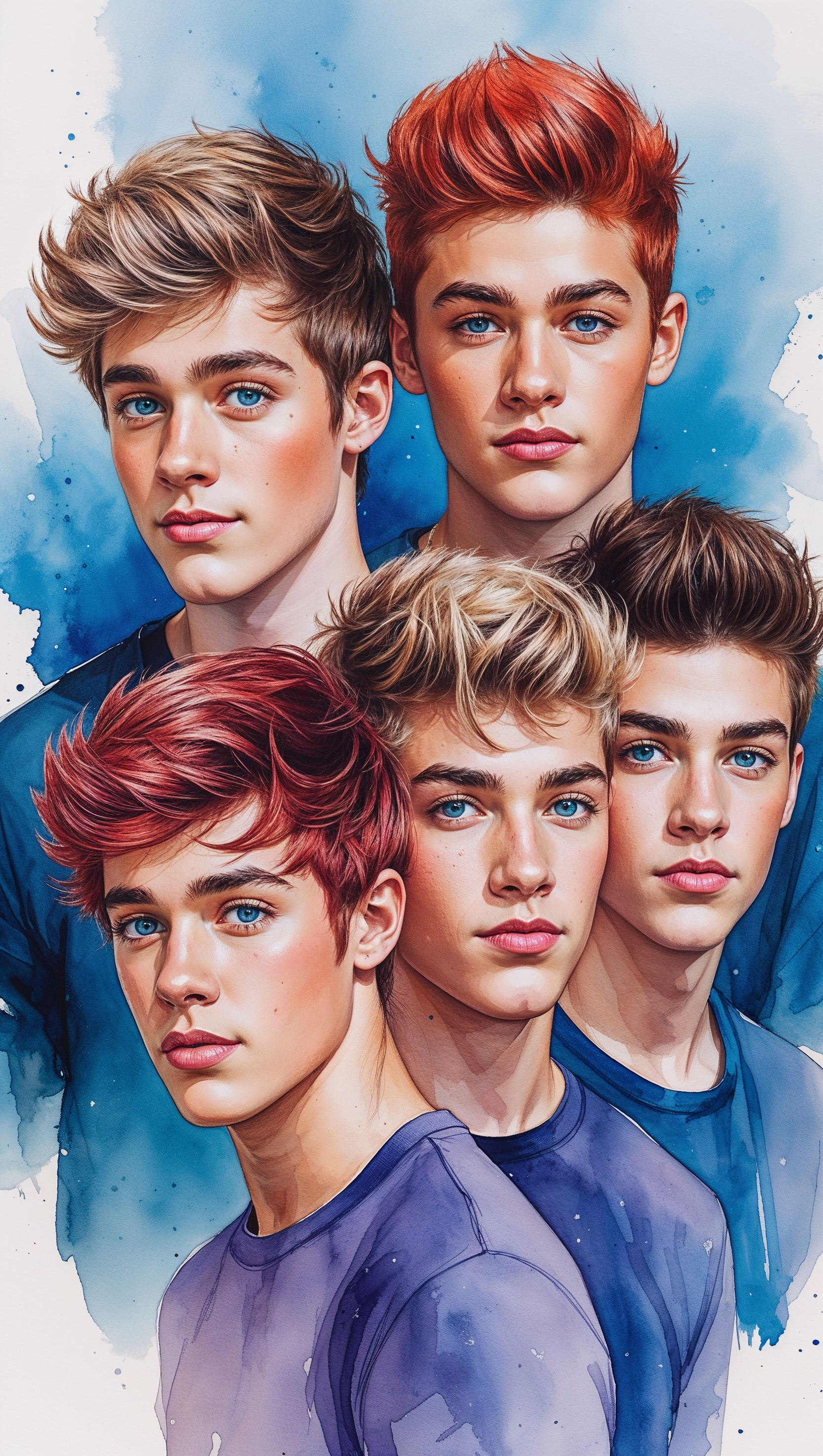 Harry, Liam, Louis, Niall, and Zayn in watercolor art style, iPhone size