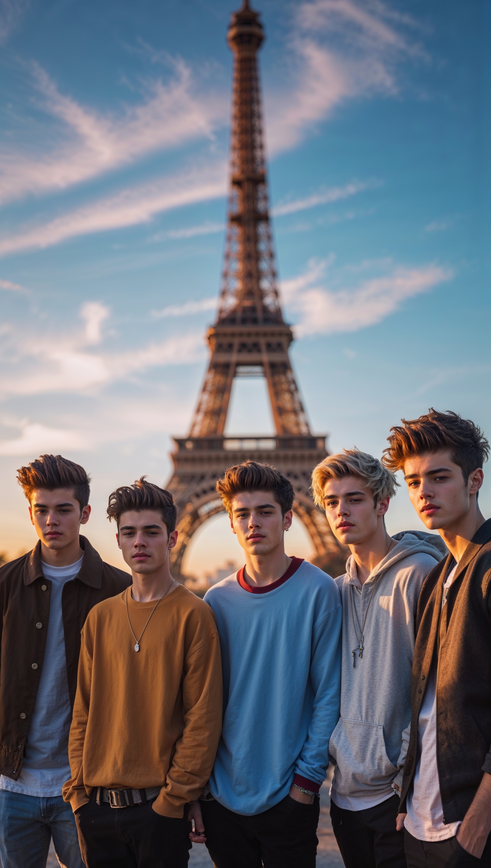One Direction in front of the Eiffel Tower, soft-focus iPhone wallpaper