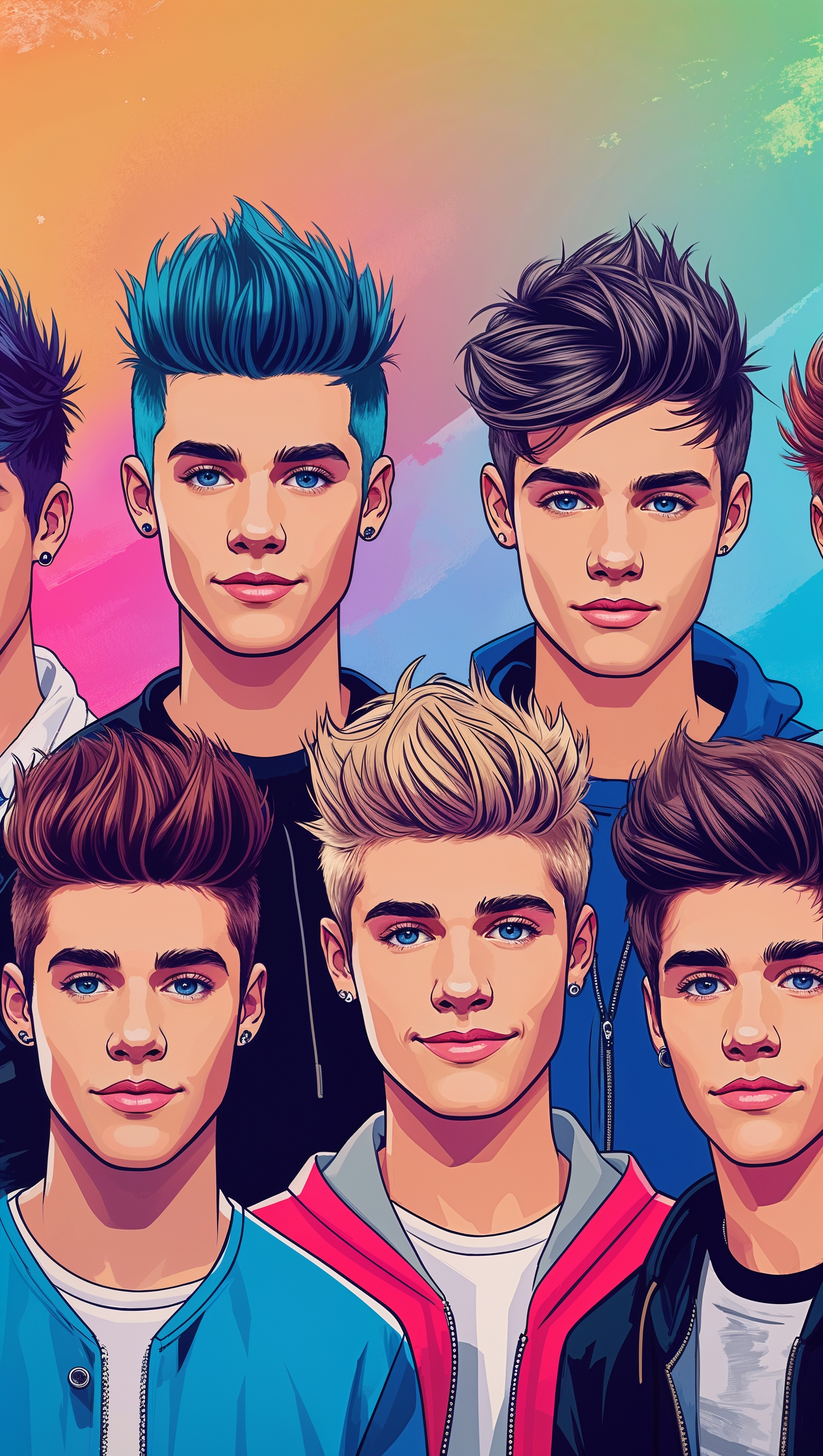 One Direction members as cartoon characters, colorful iPhone wallpaper