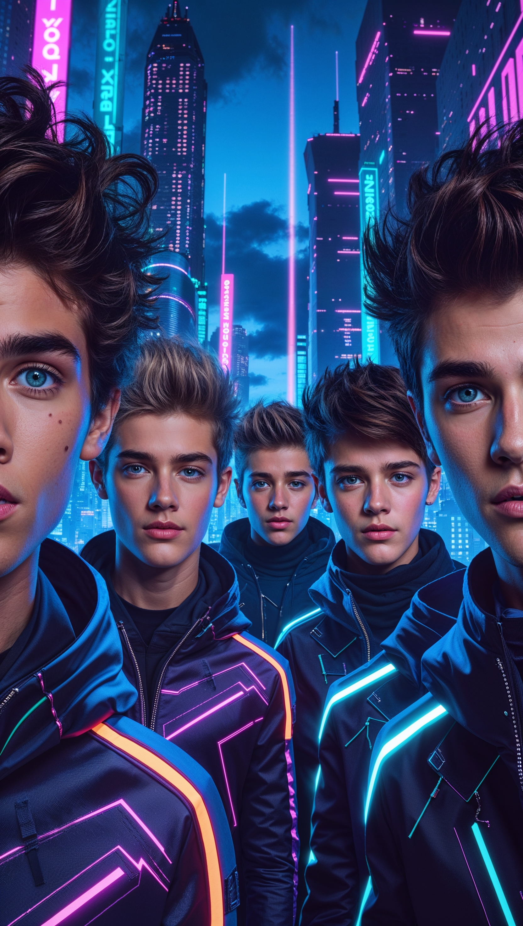 One Direction in futuristic cyberpunk city, iPhone wallpaper