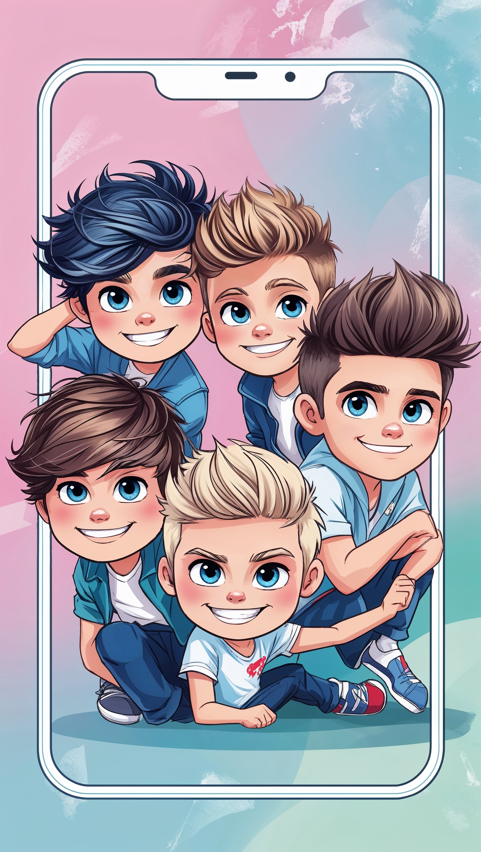 Chibi-style One Direction characters on pastel background, iPhone size