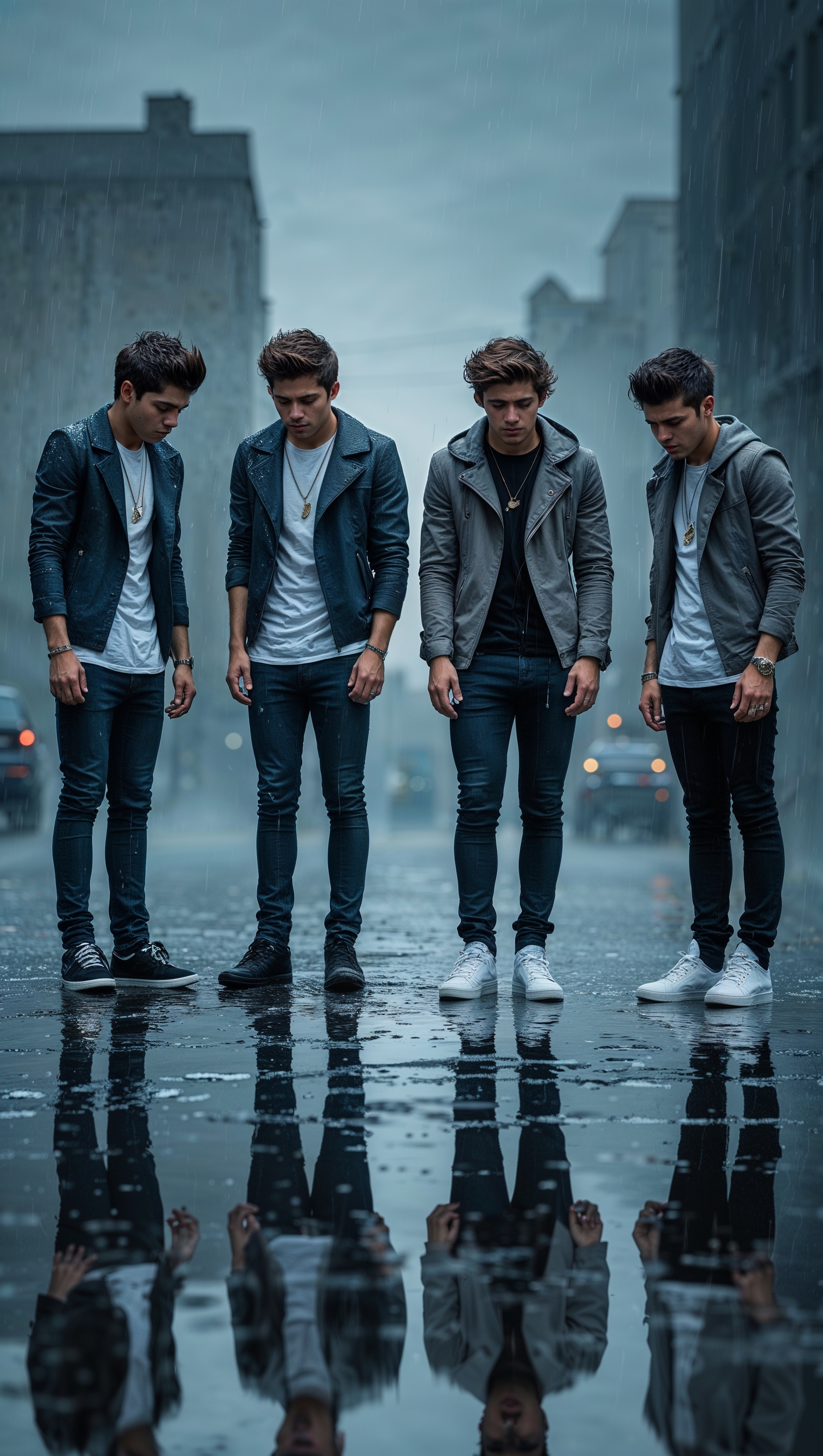 One Direction in rain with reflections, cinematic iPhone wallpaper