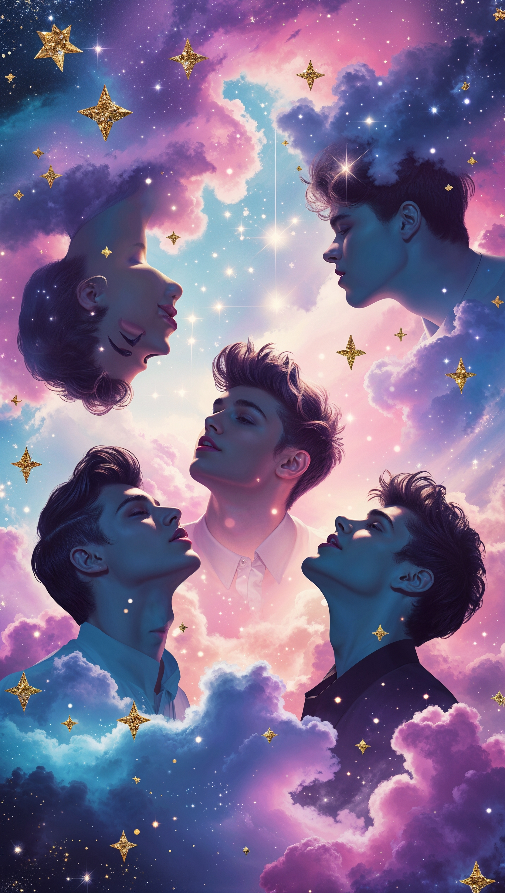 One Direction band members in a dreamy galaxy background, iPhone wallpaper