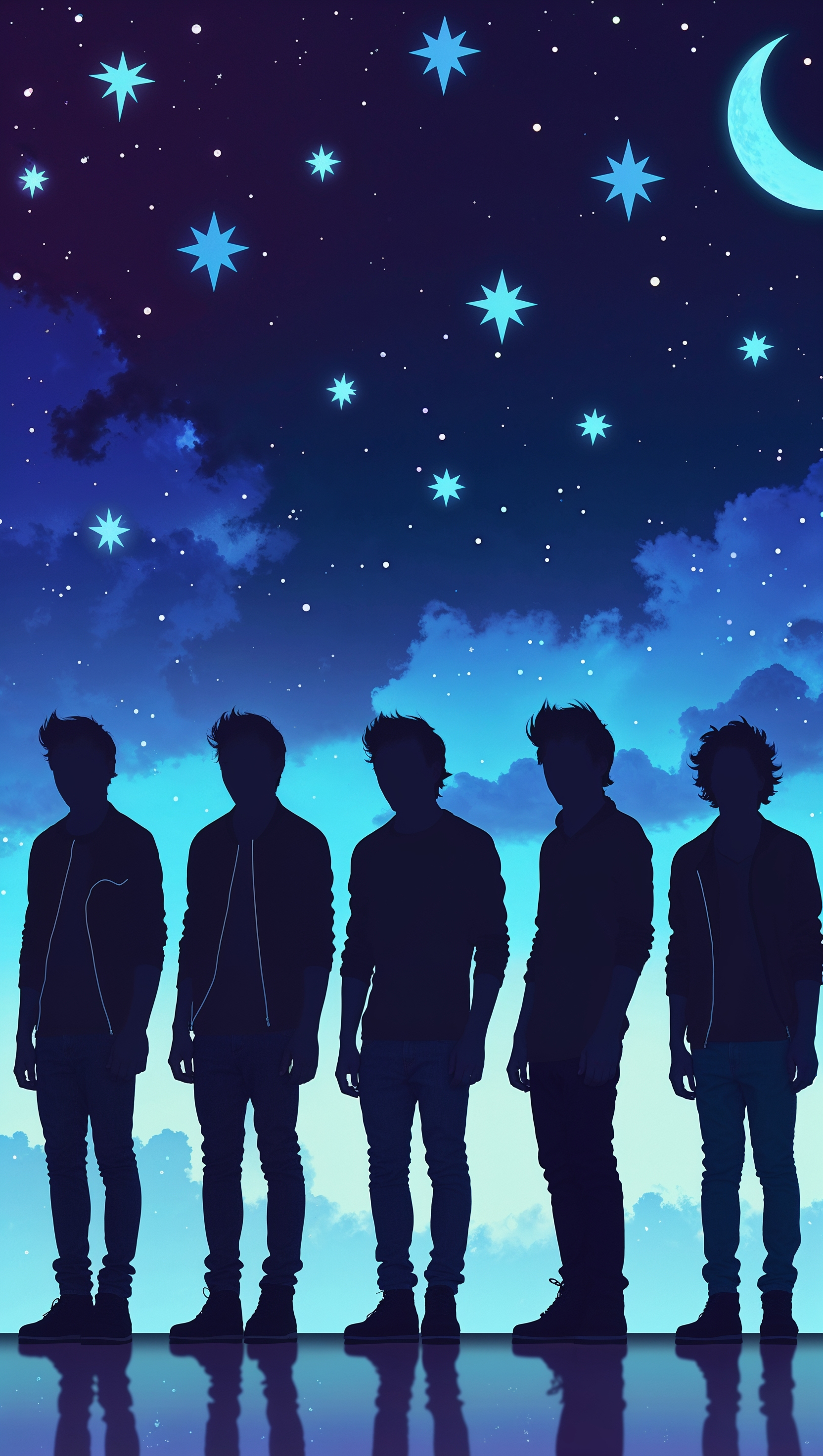 One Direction silhouettes under a starry night sky, iPhone wallpaper