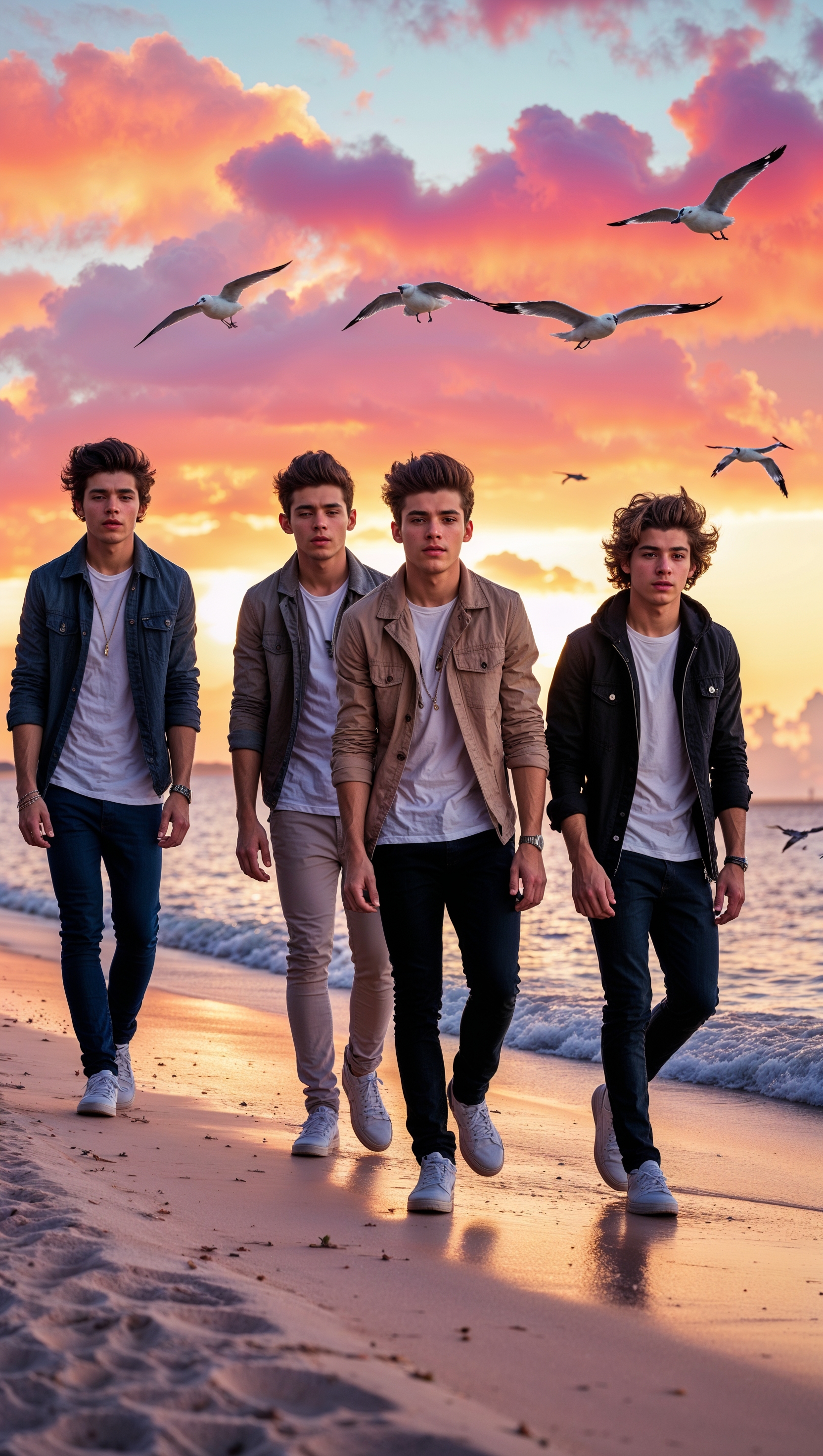 One Direction walking on the beach at sunset, iPhone background