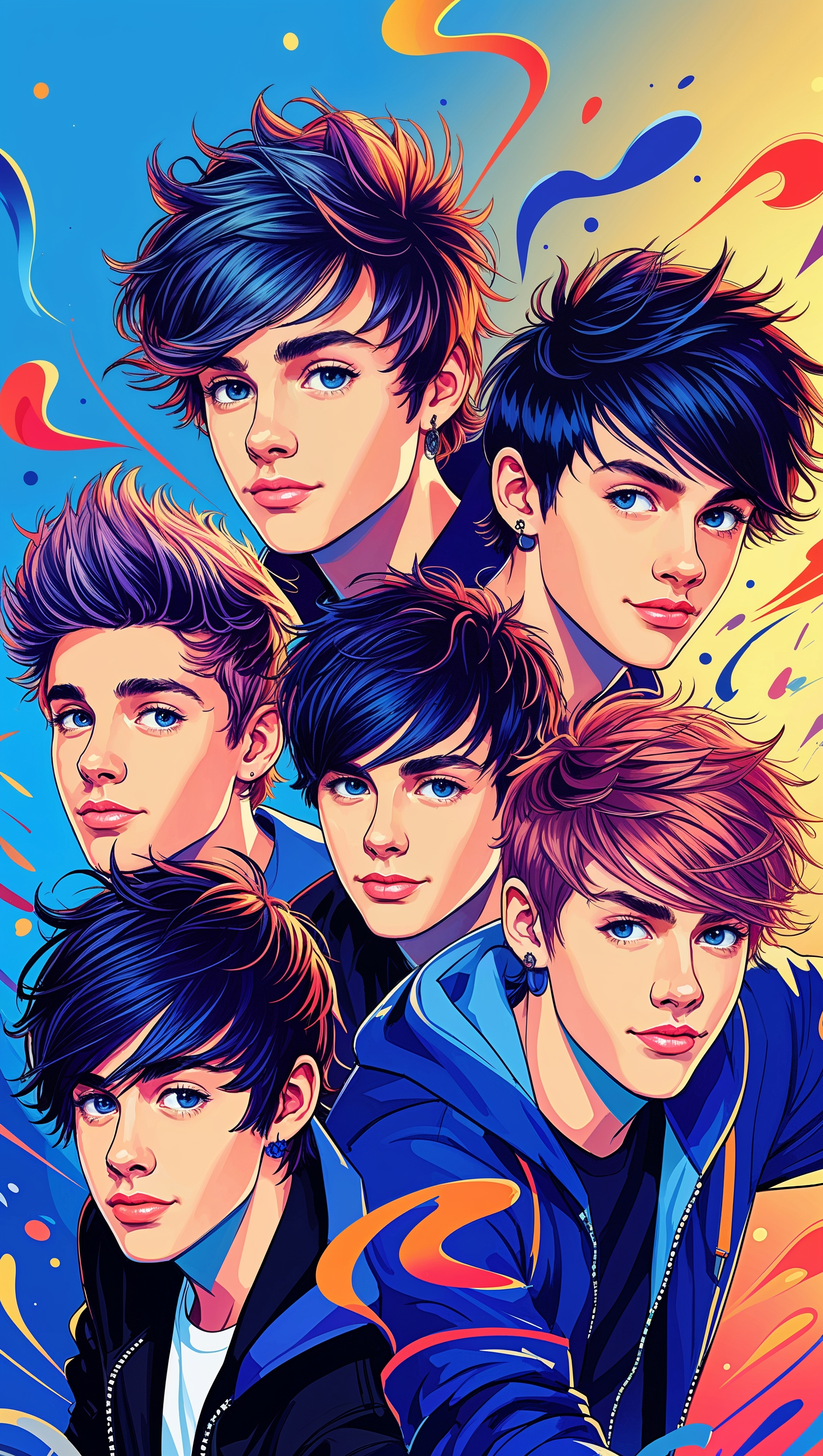 One Direction in anime style, bright and energetic iPhone wallpaper