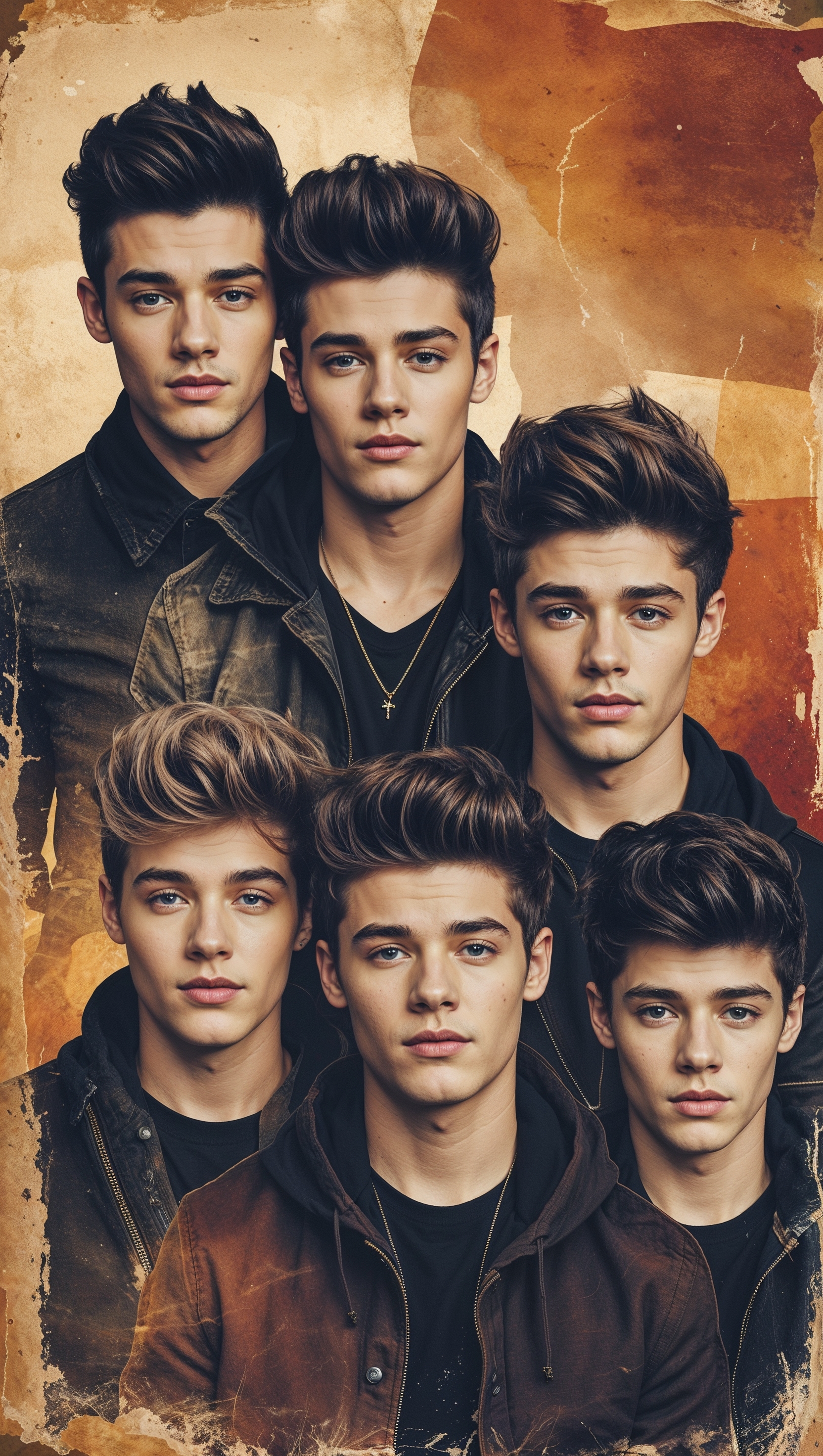 Vintage-style One Direction collage with warm tones, iPhone wallpaper