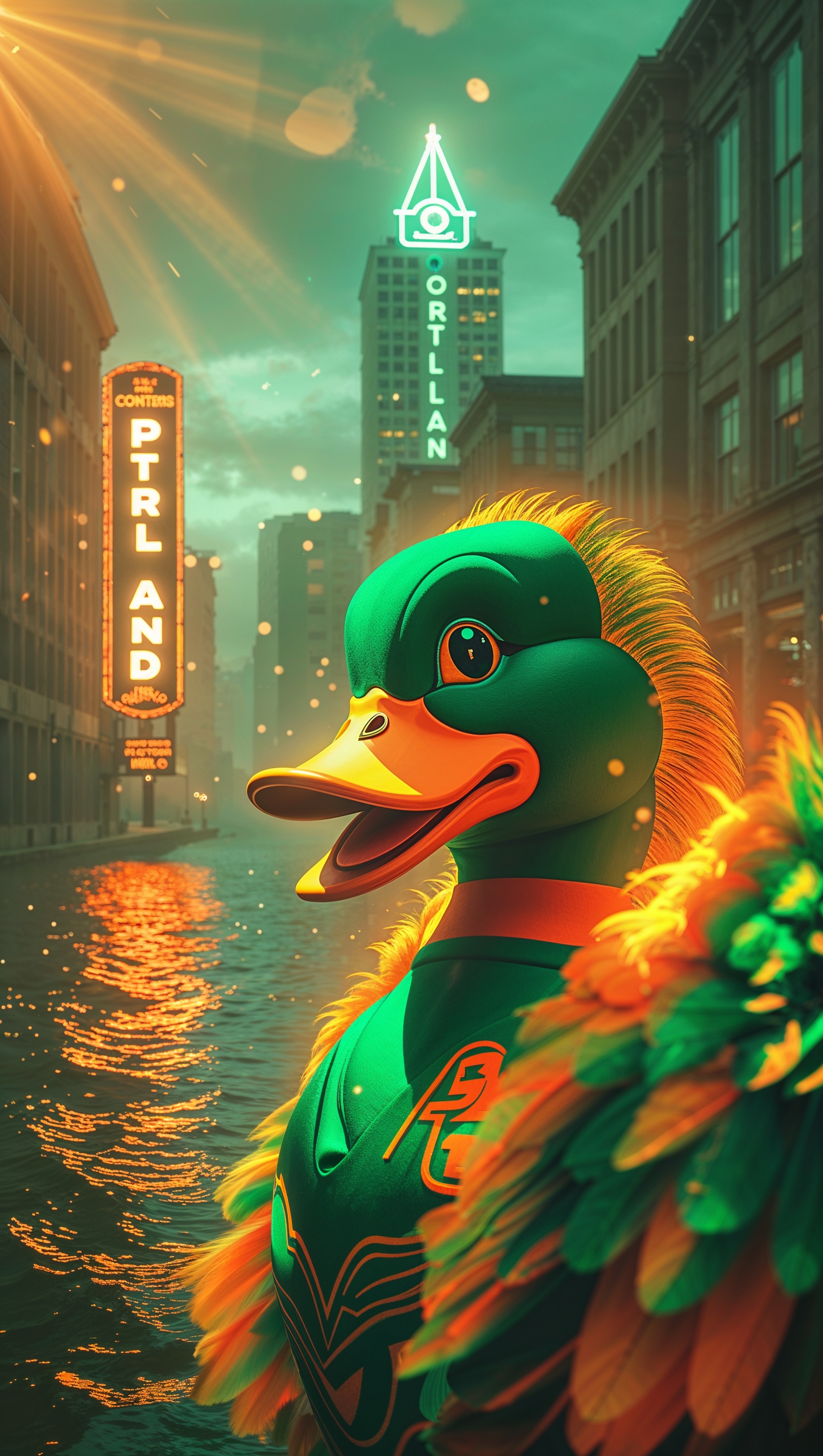 Oregon Ducks theme combined with Portland city landmarks in the background