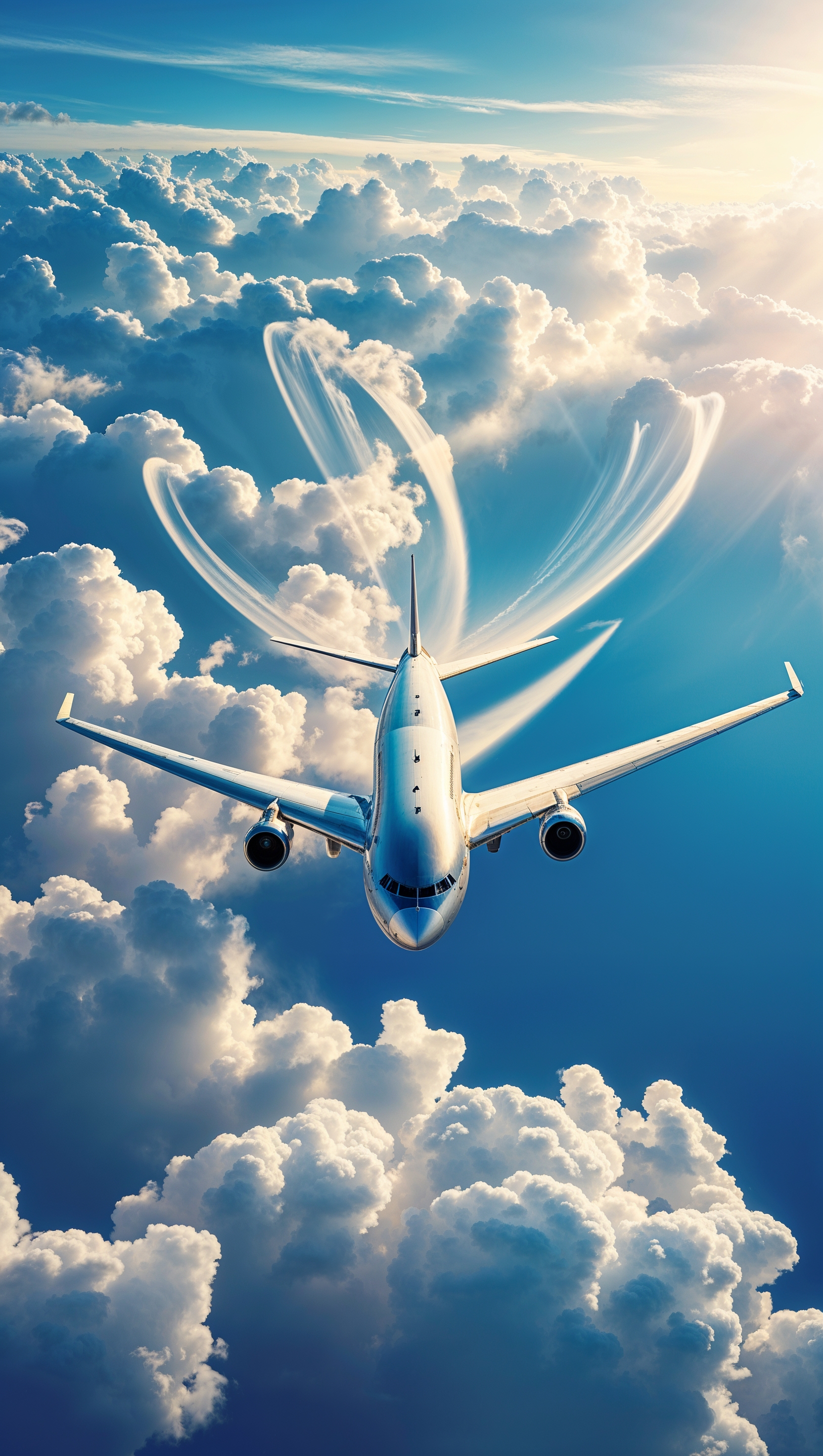 Airplane flying through clouds in a bright blue sky with sunlight