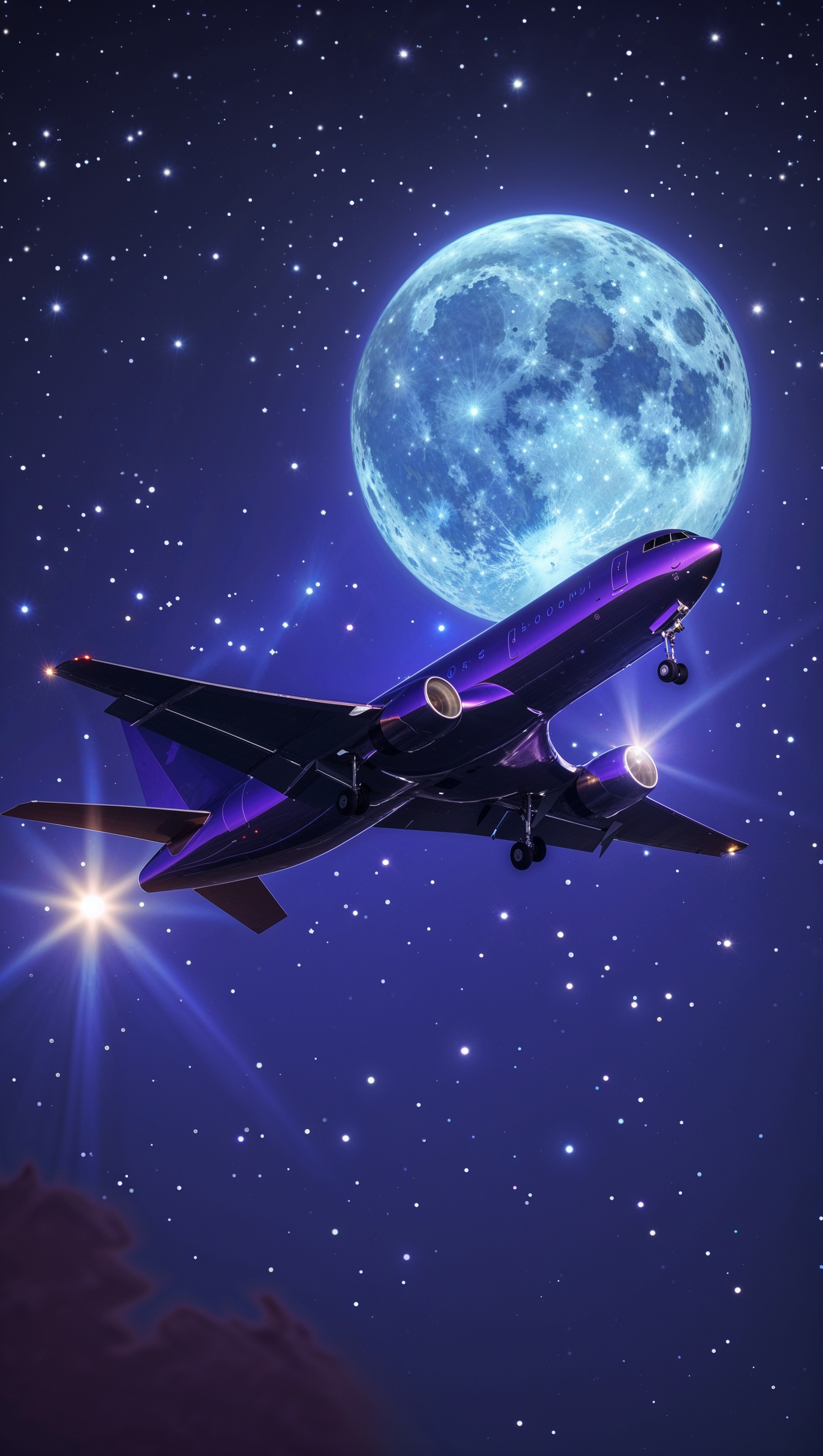 Plane at night with stars and full moon, cinematic style