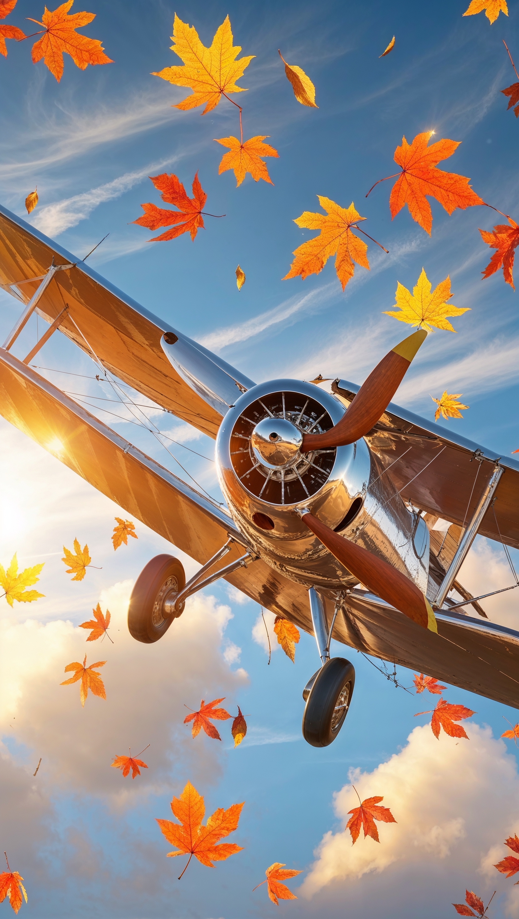 Classic plane in an autumn sky filled with orange leaves