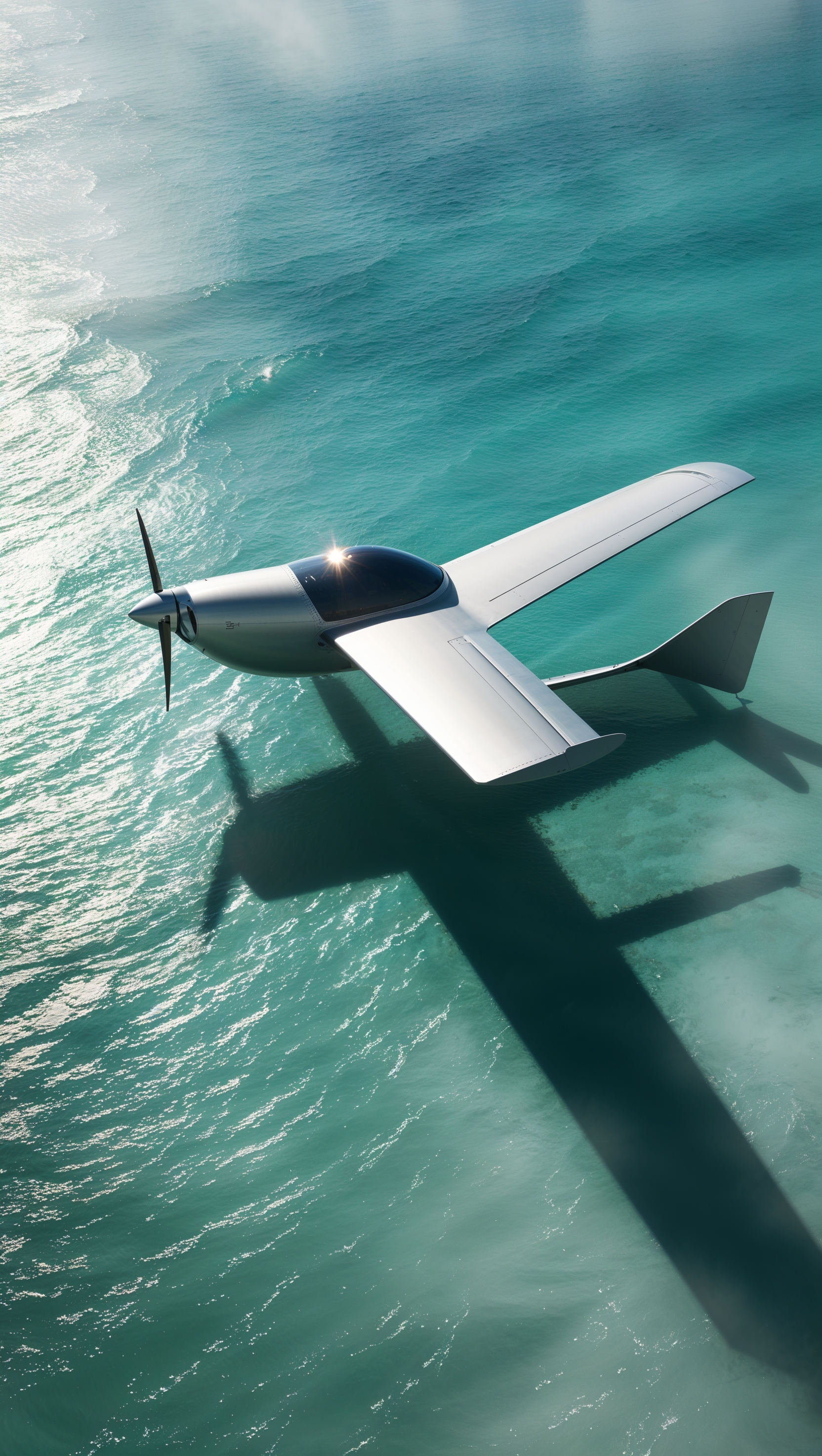 Small airplane above the ocean with its shadow on the water