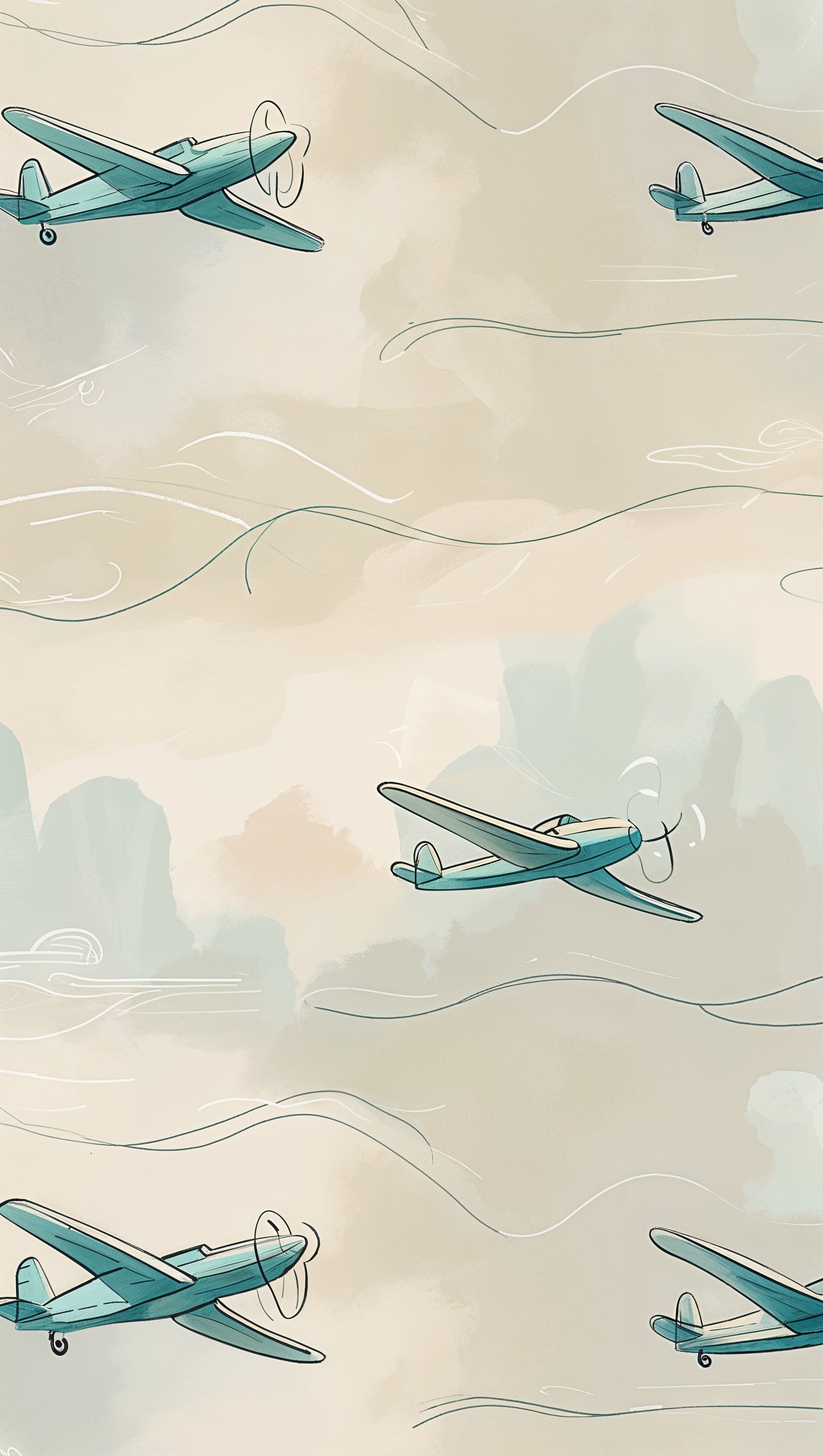 Artistic wallpaper of a plane with hand-drawn lines and soft colors