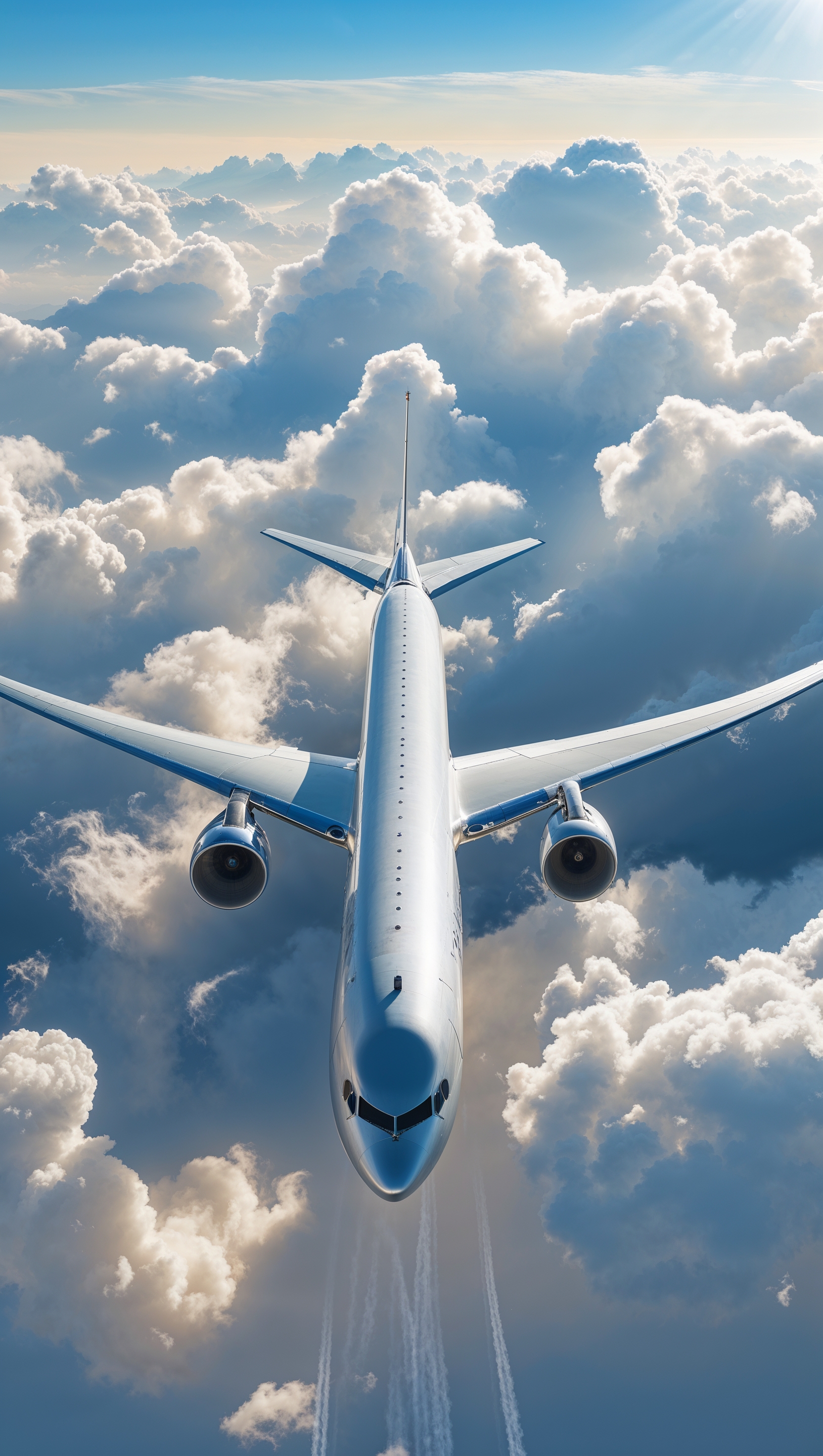 Top-down view of an airplane surrounded by soft white clouds