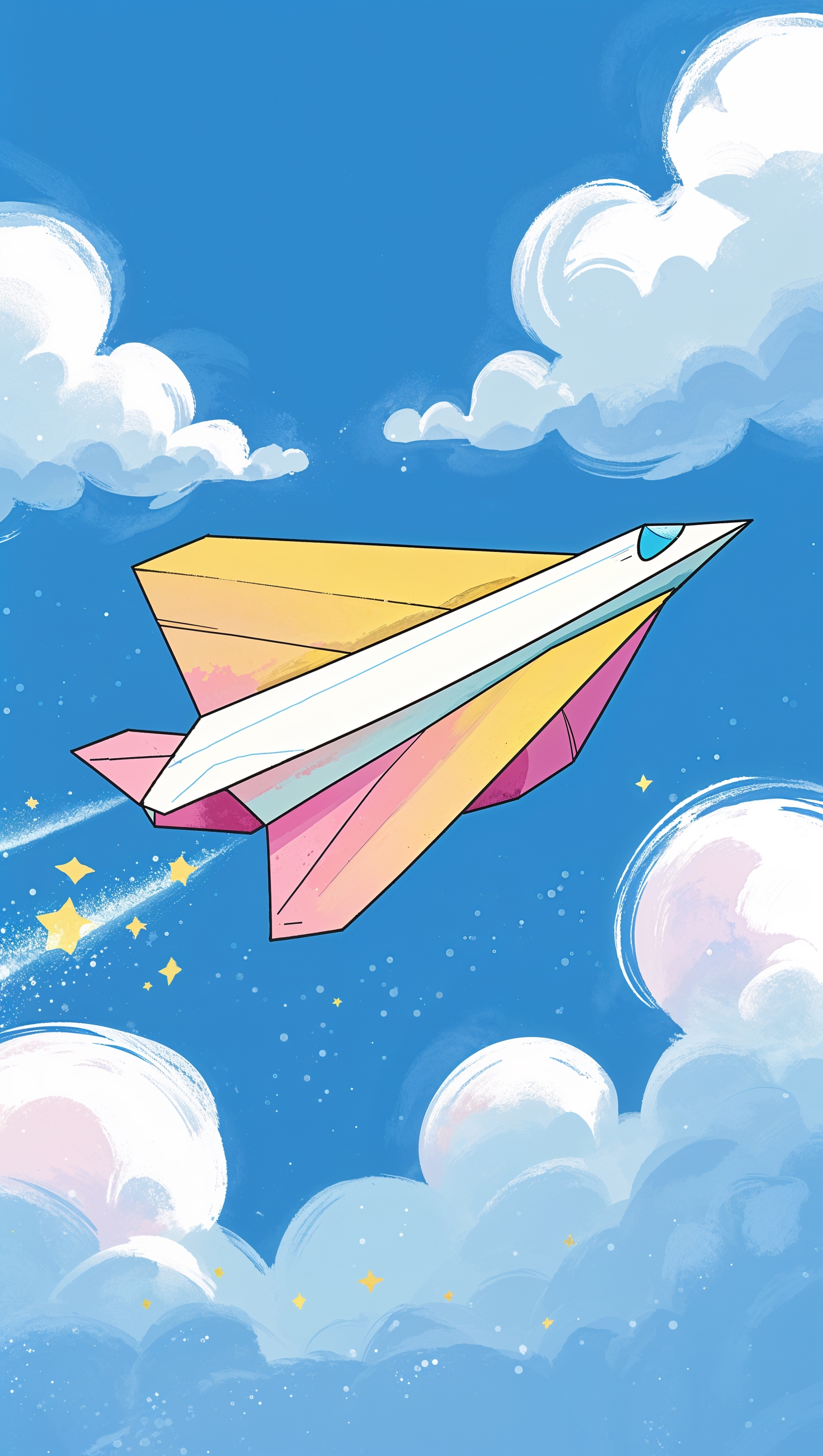 Flying paper plane in the sky, cartoon style for kids