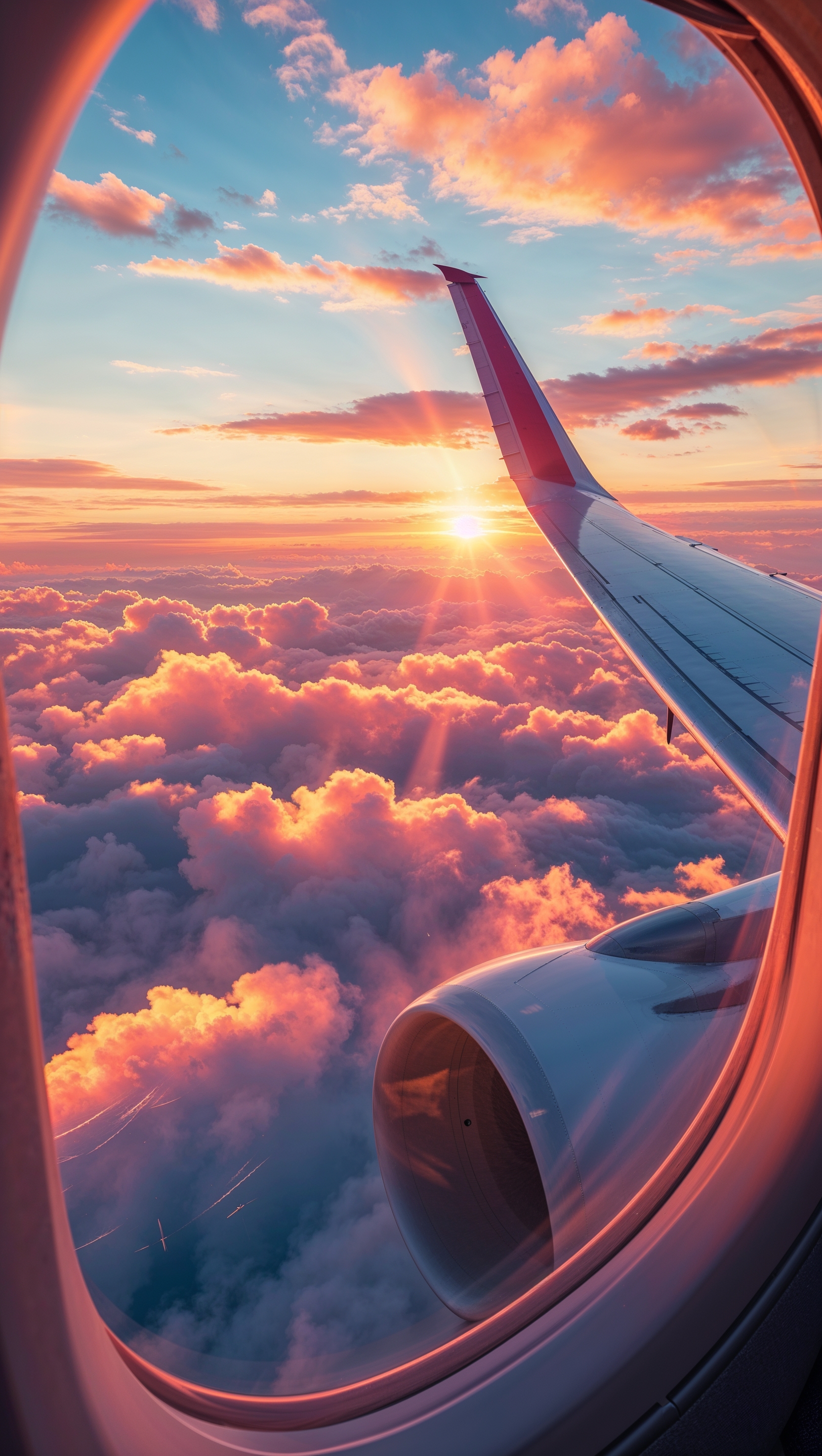 Airplane flying during sunrise from a cabin window view