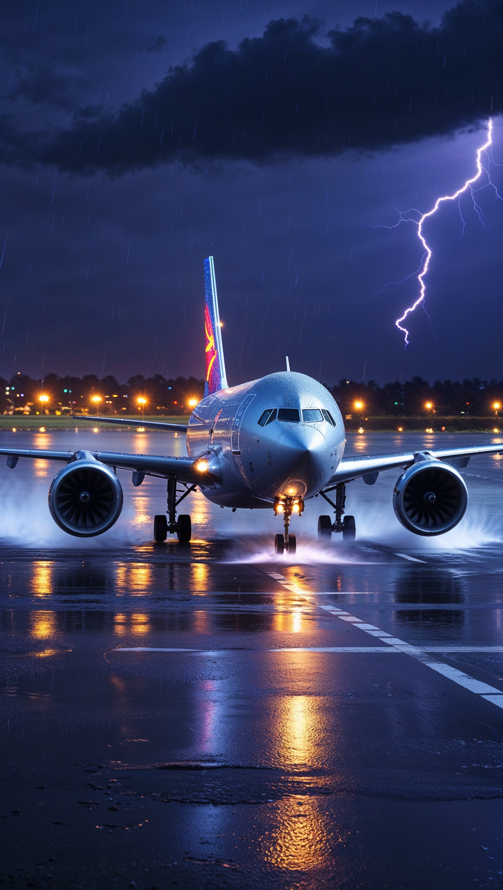Plane landing on a rainy runway at night