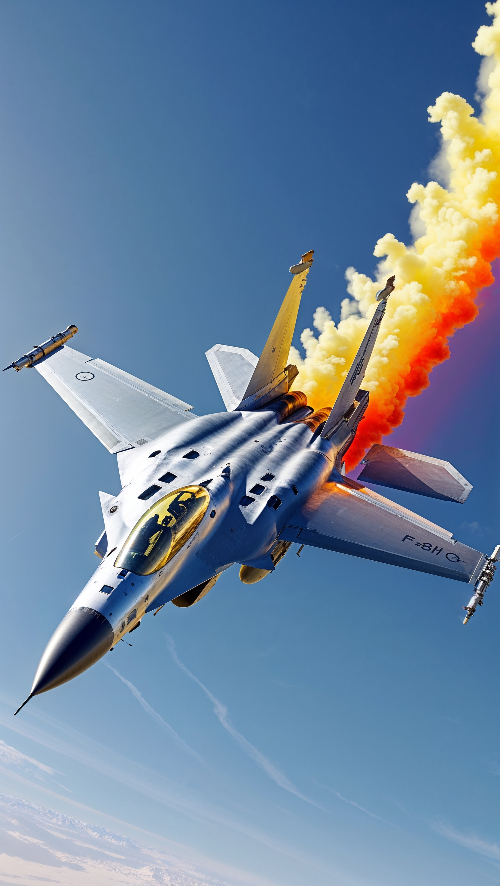 Military jet diving towards the ground with action effects