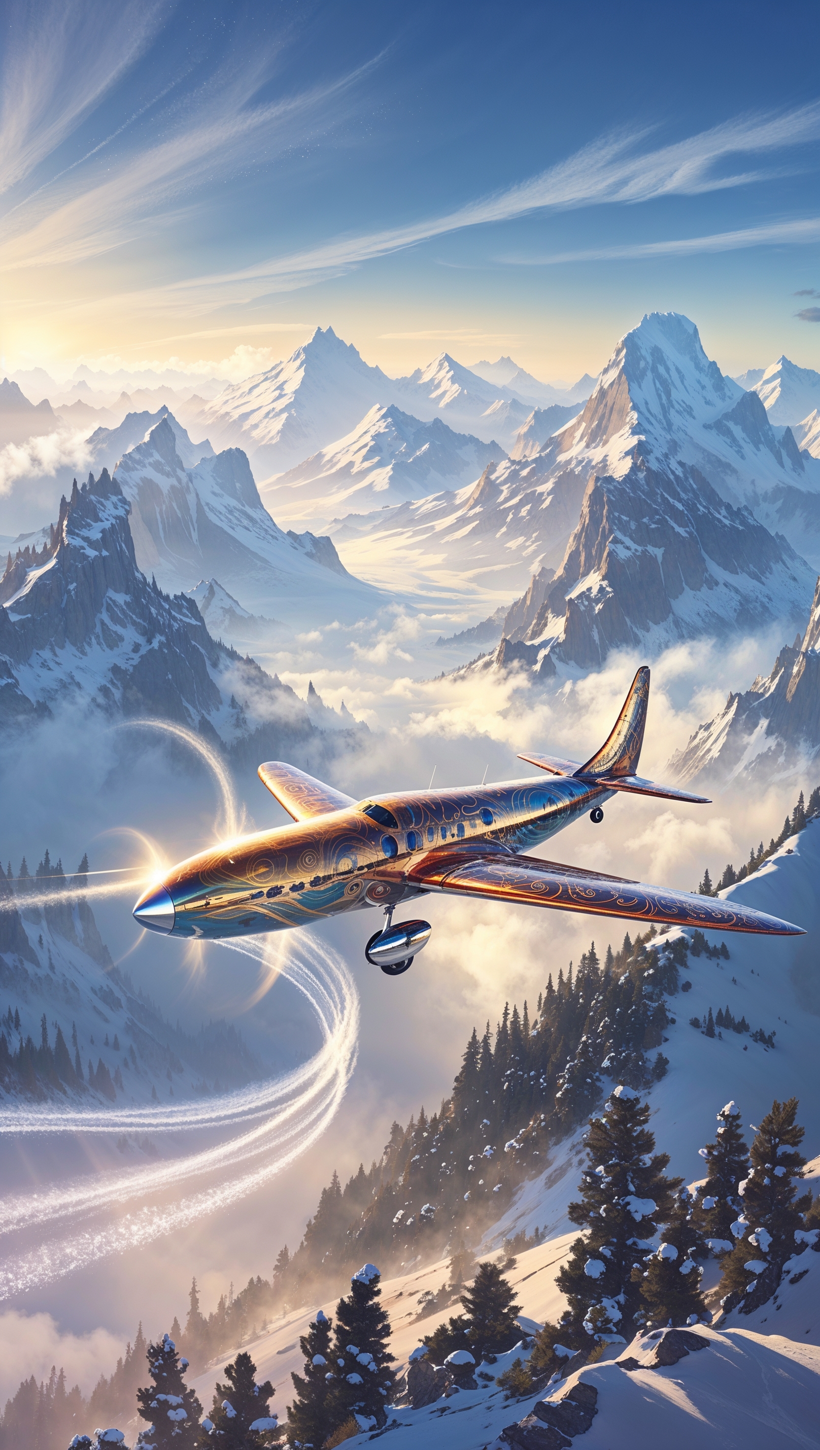 Plane flying over snowy mountains, fantasy style