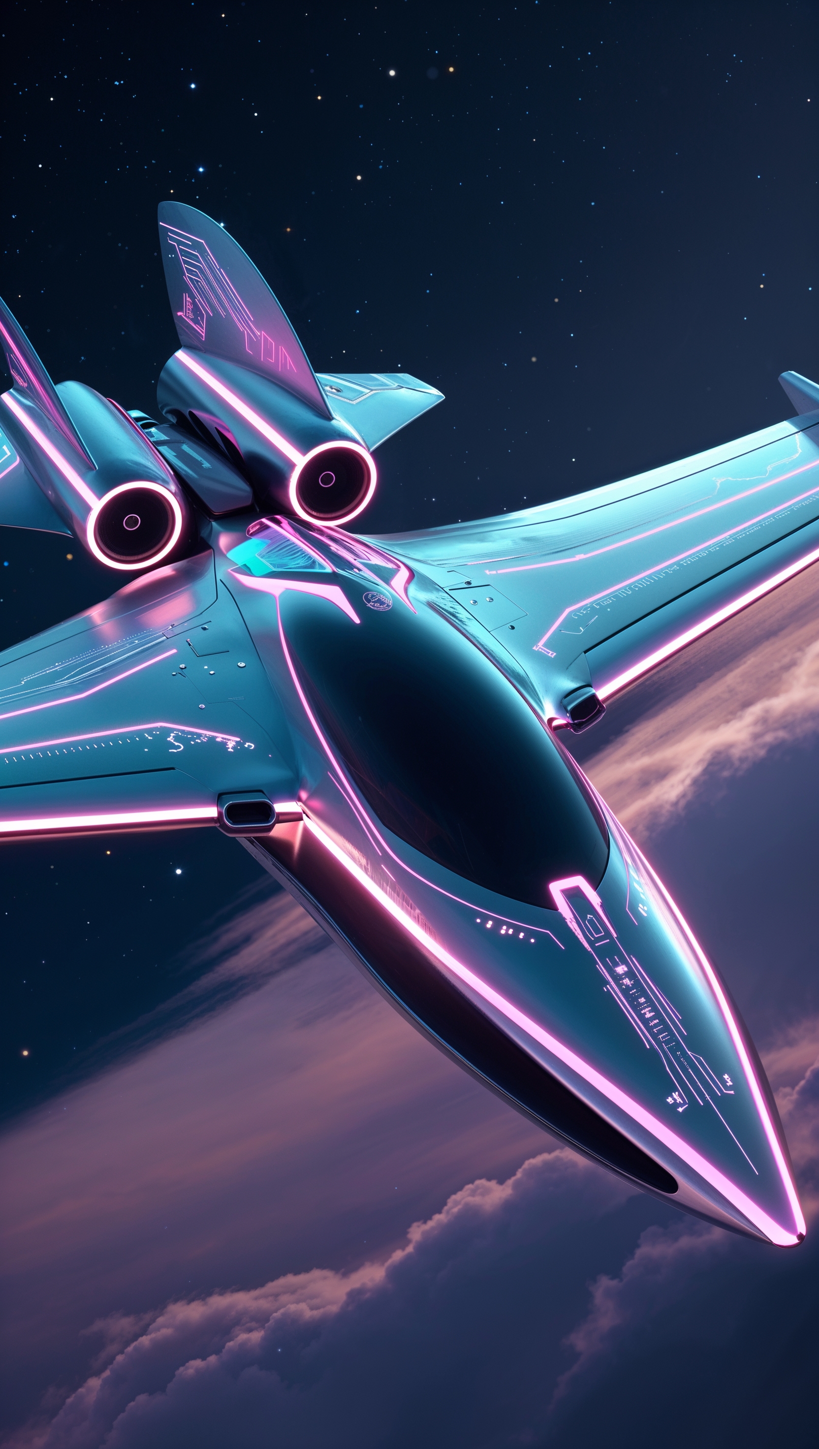 Futuristic airplane with sci-fi design and neon lights