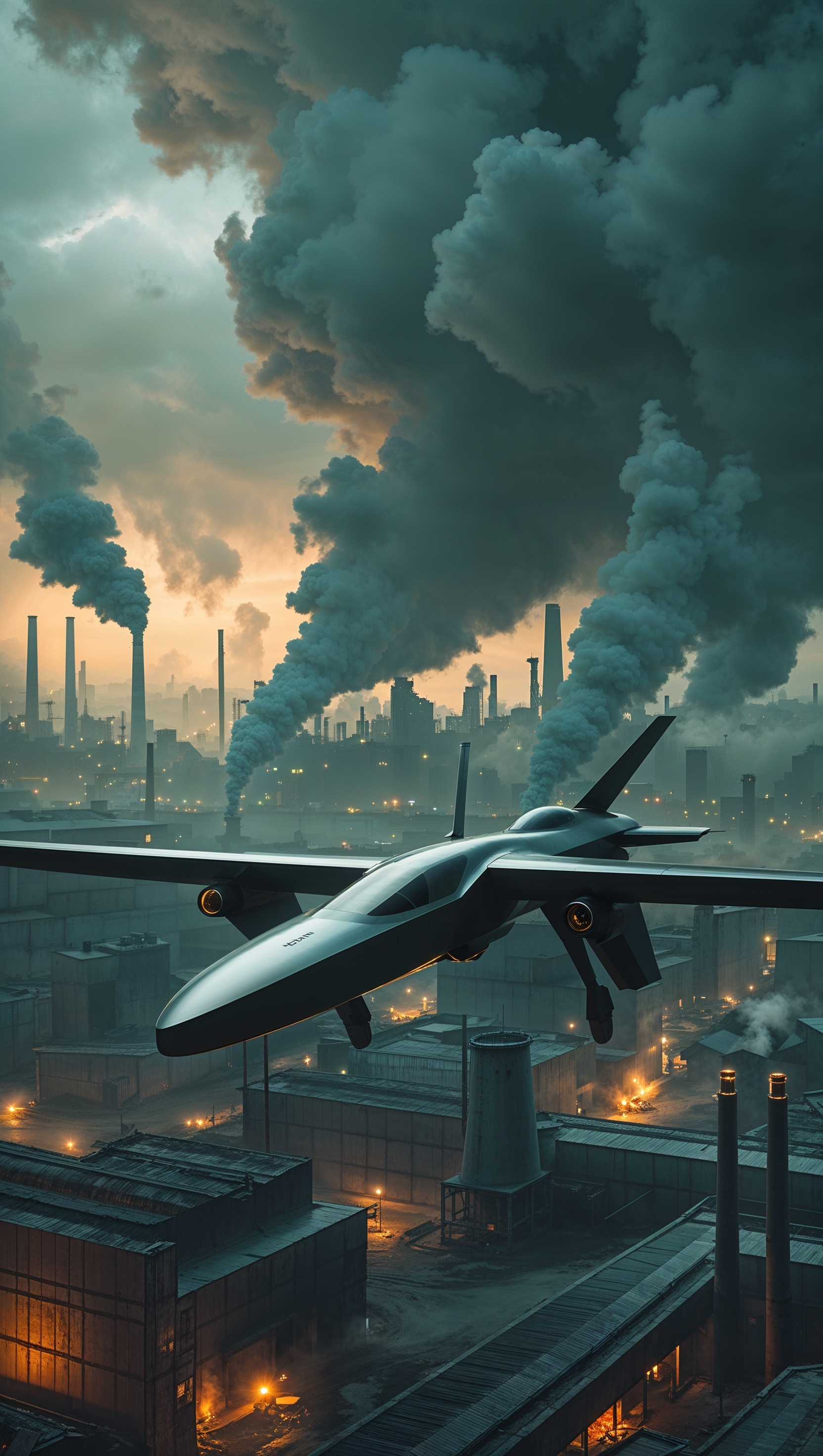 Drone plane in an industrial sky, dystopian atmosphere