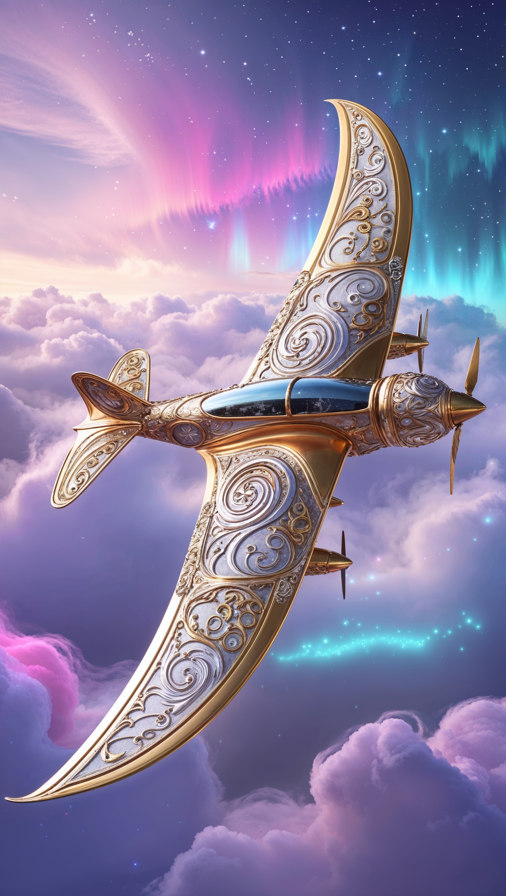 Fantasy airplane flying in a surreal sky world