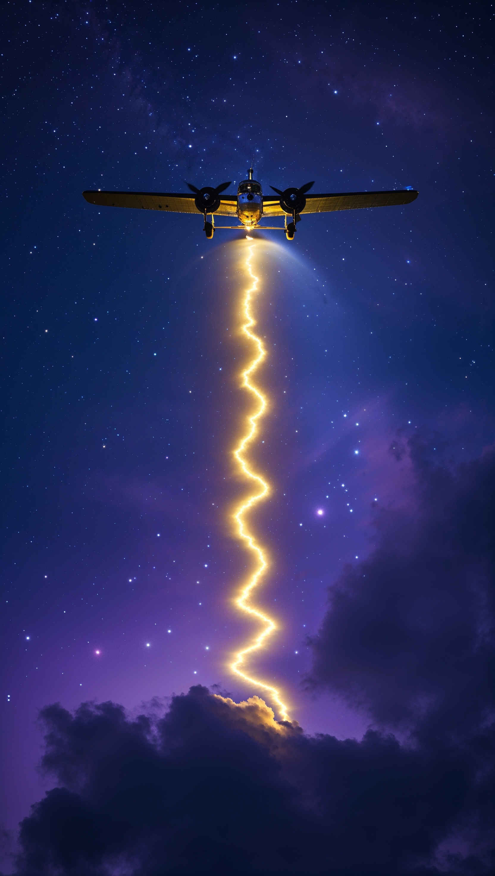 Small plane crossing the night sky with a light trail