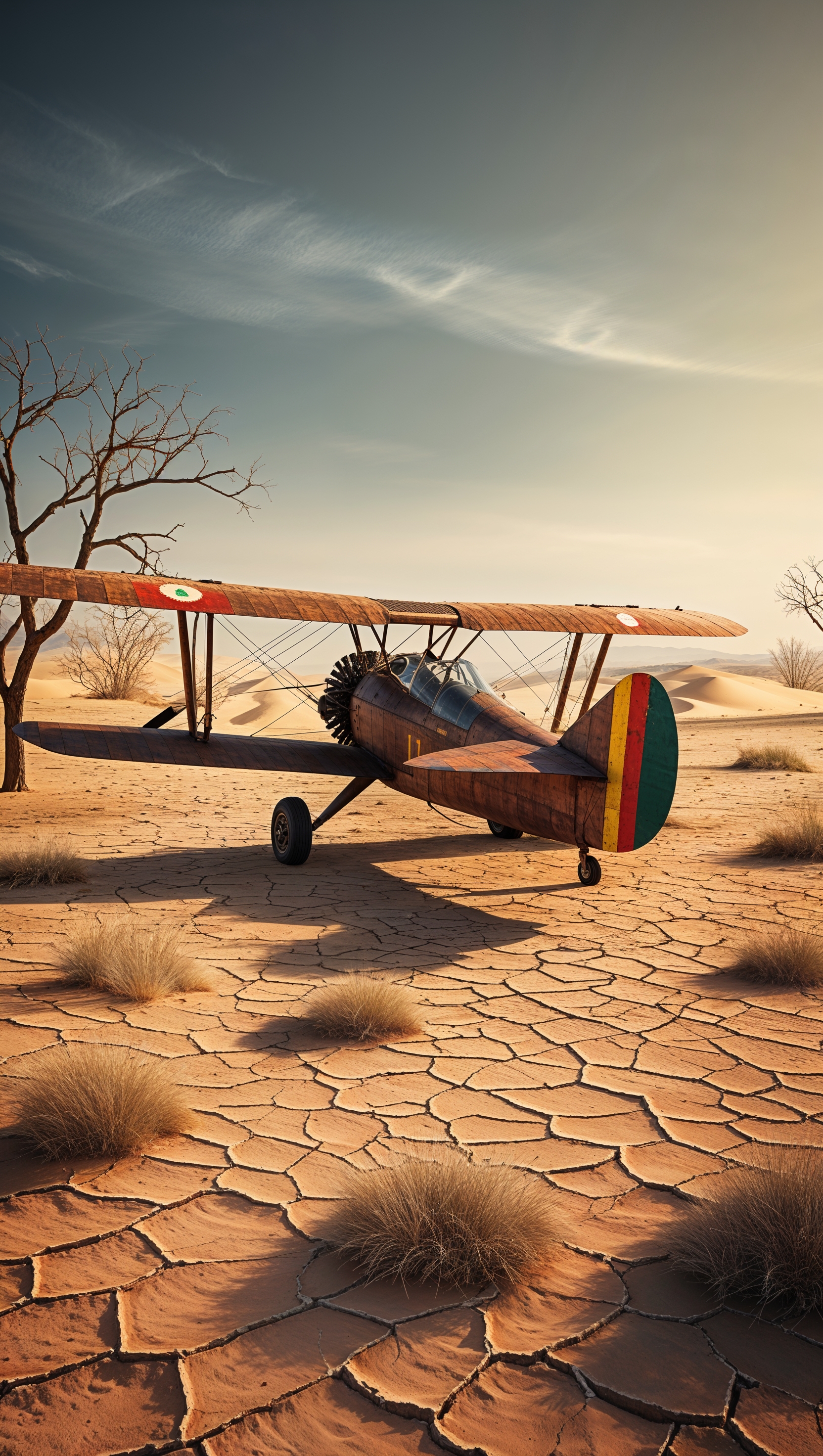 Old biplane in the desert with earthy tones