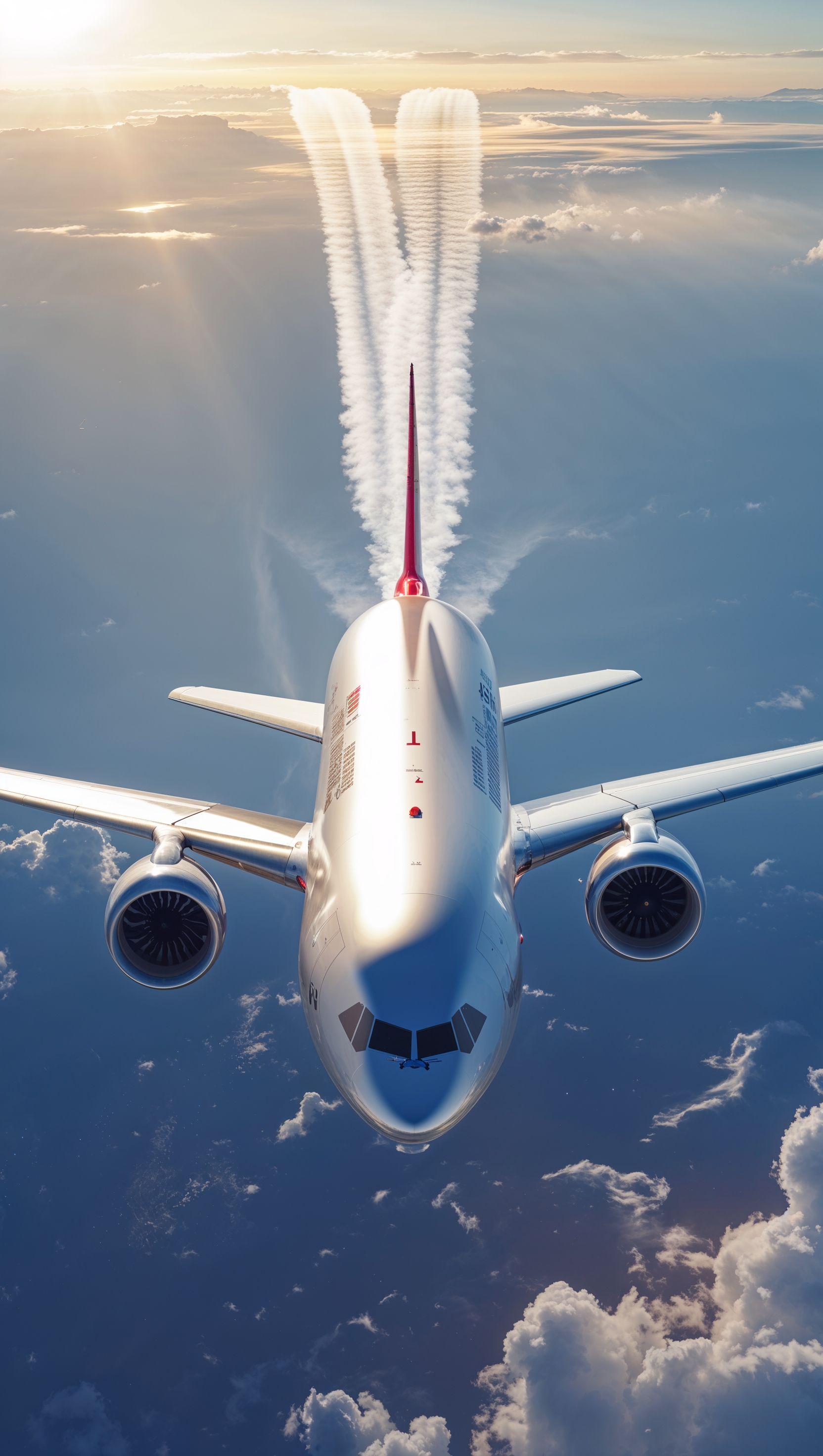 Passenger jet taking off, viewed from below