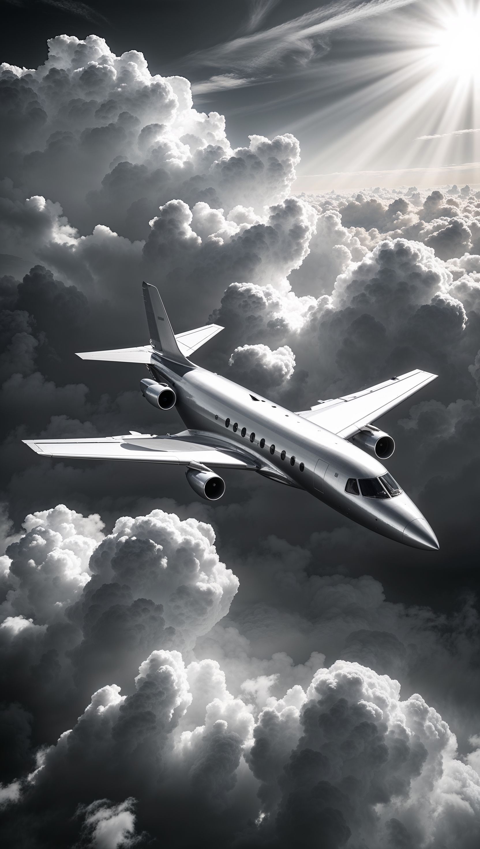 Black and white view of airplane flying with dramatic clouds