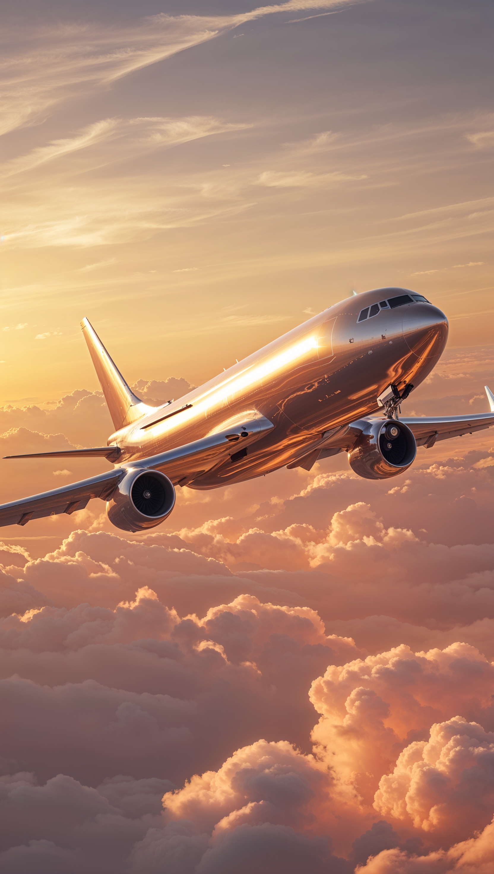 Plane flying through golden sunset lights, dreamy style