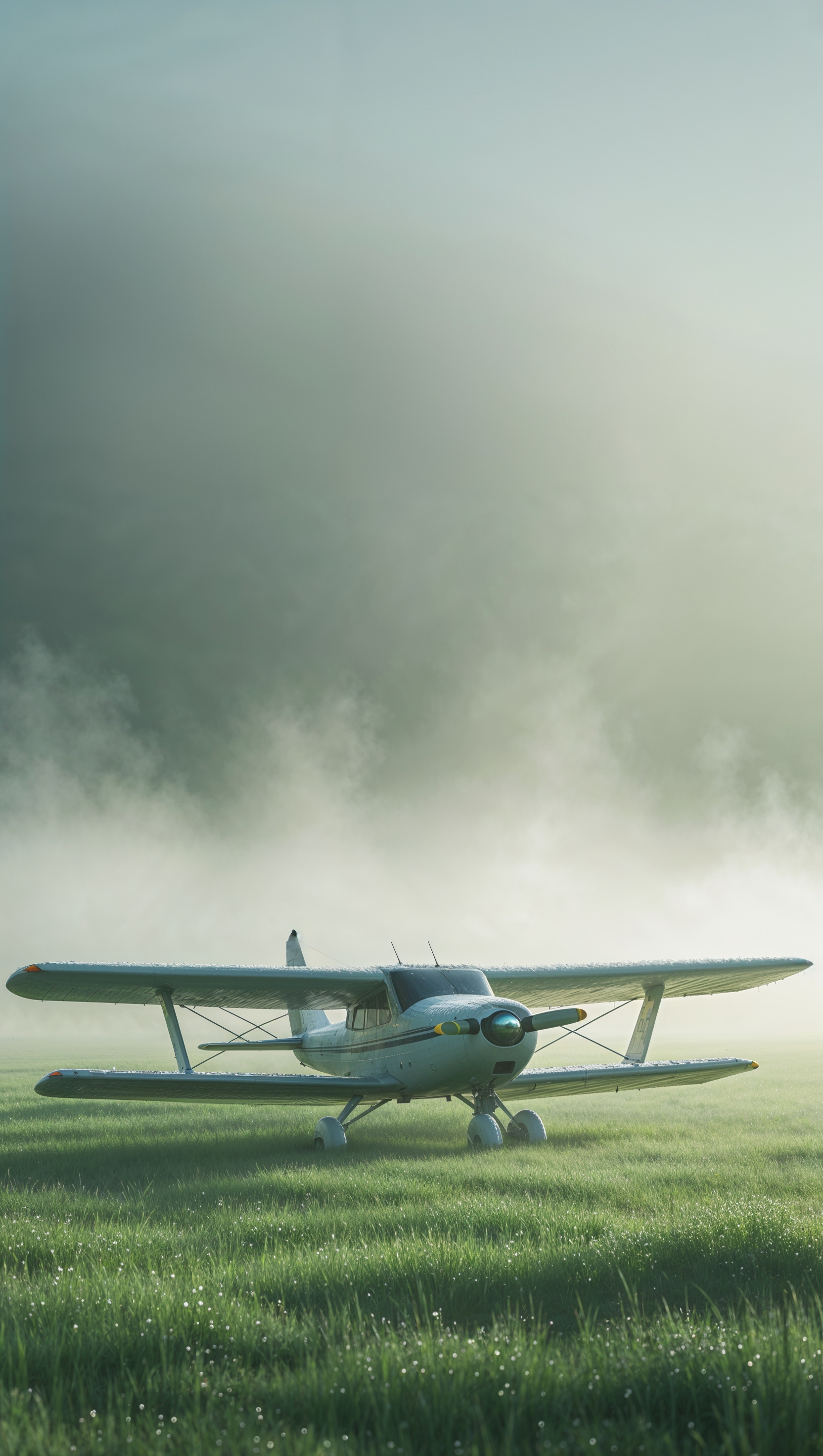 Single-seat plane in morning fog, calm realistic style