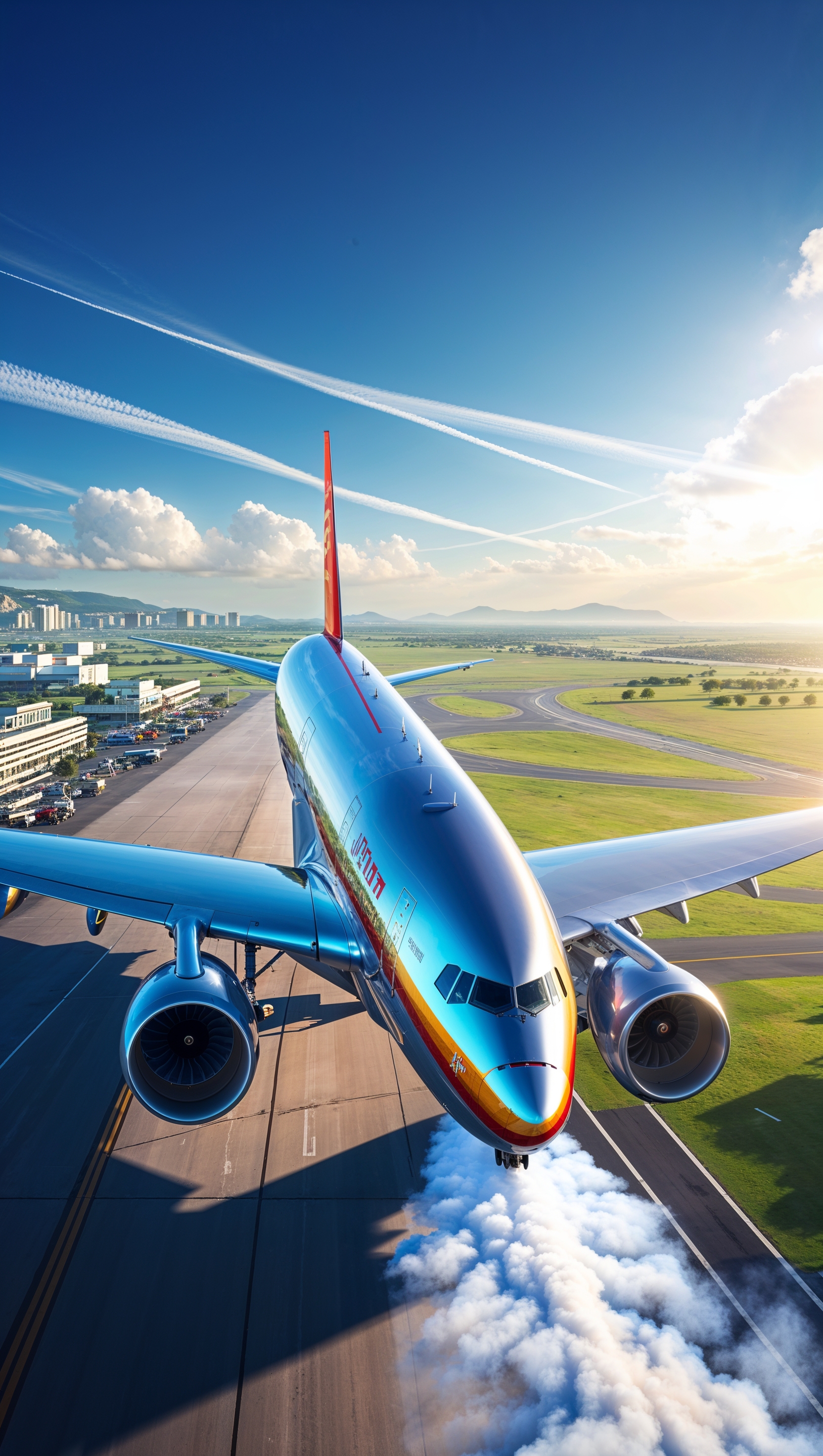 Large commercial airplane taking off from airport, wide view