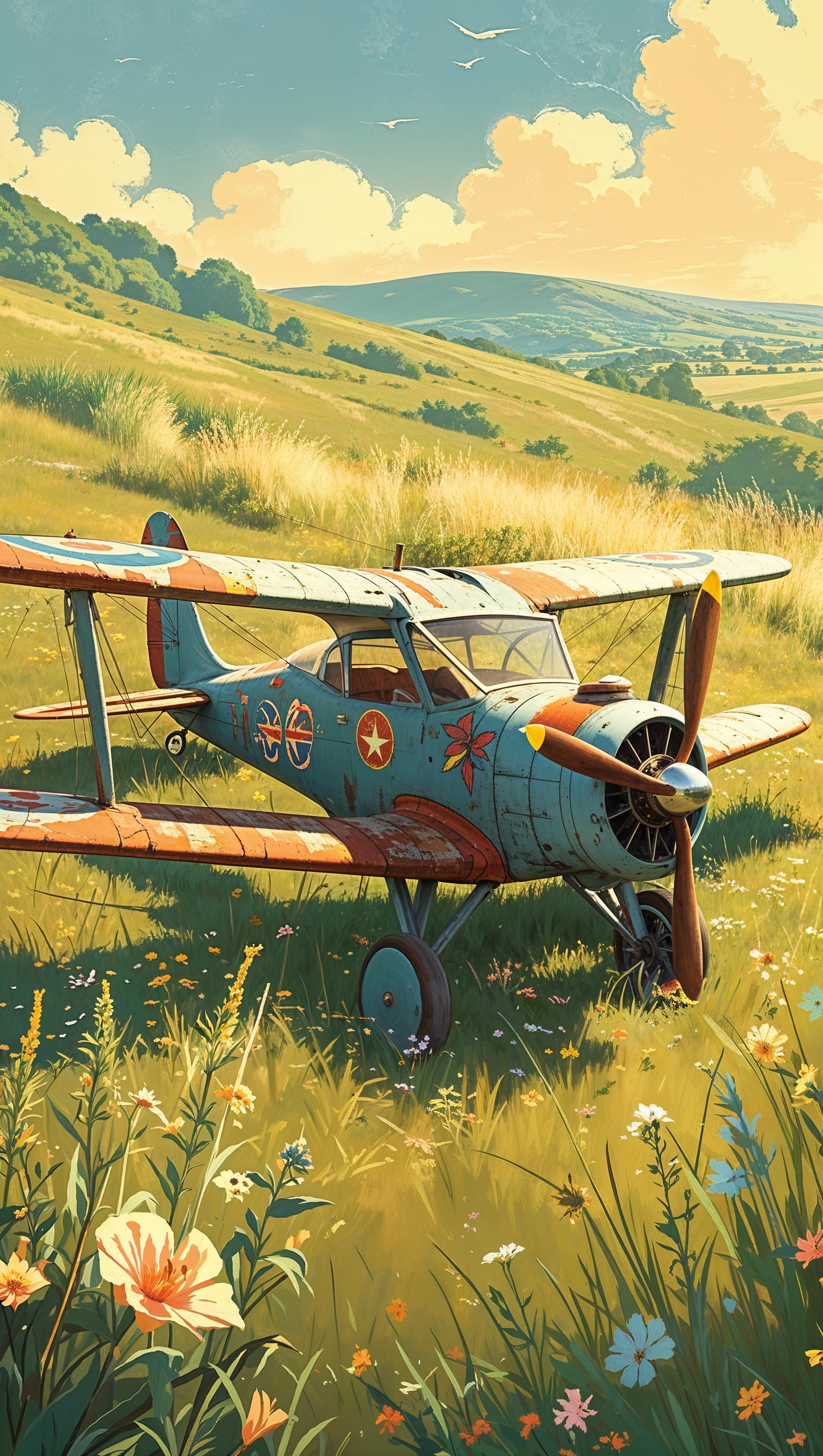 Vintage airplane in a peaceful countryside, retro style