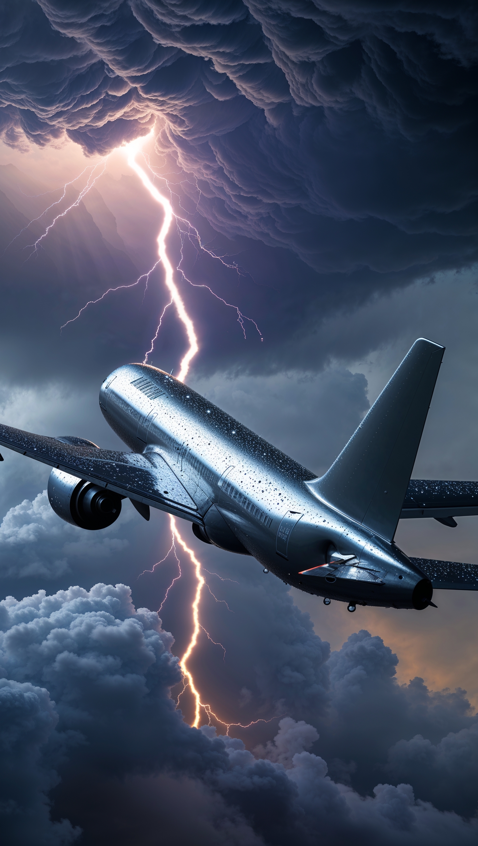 Plane flying through a storm with dramatic lightning