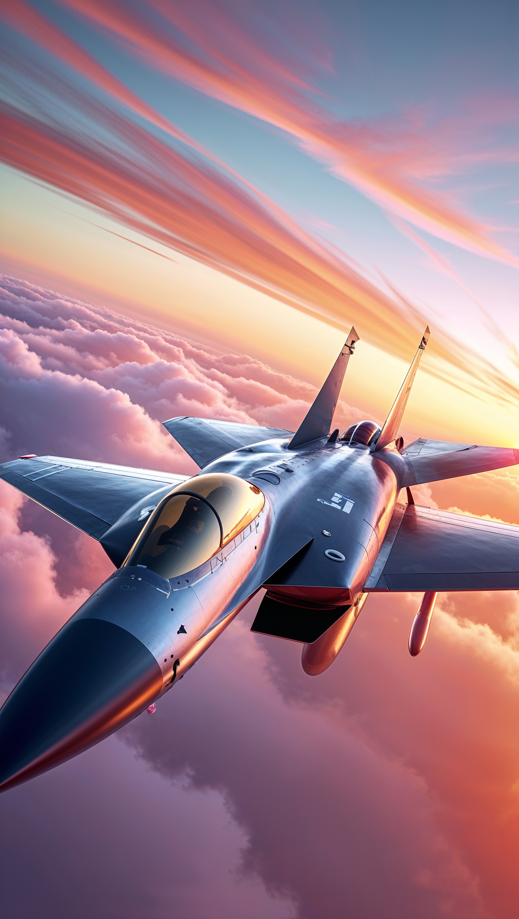 A fighter jet in the sunset sky, realistic style