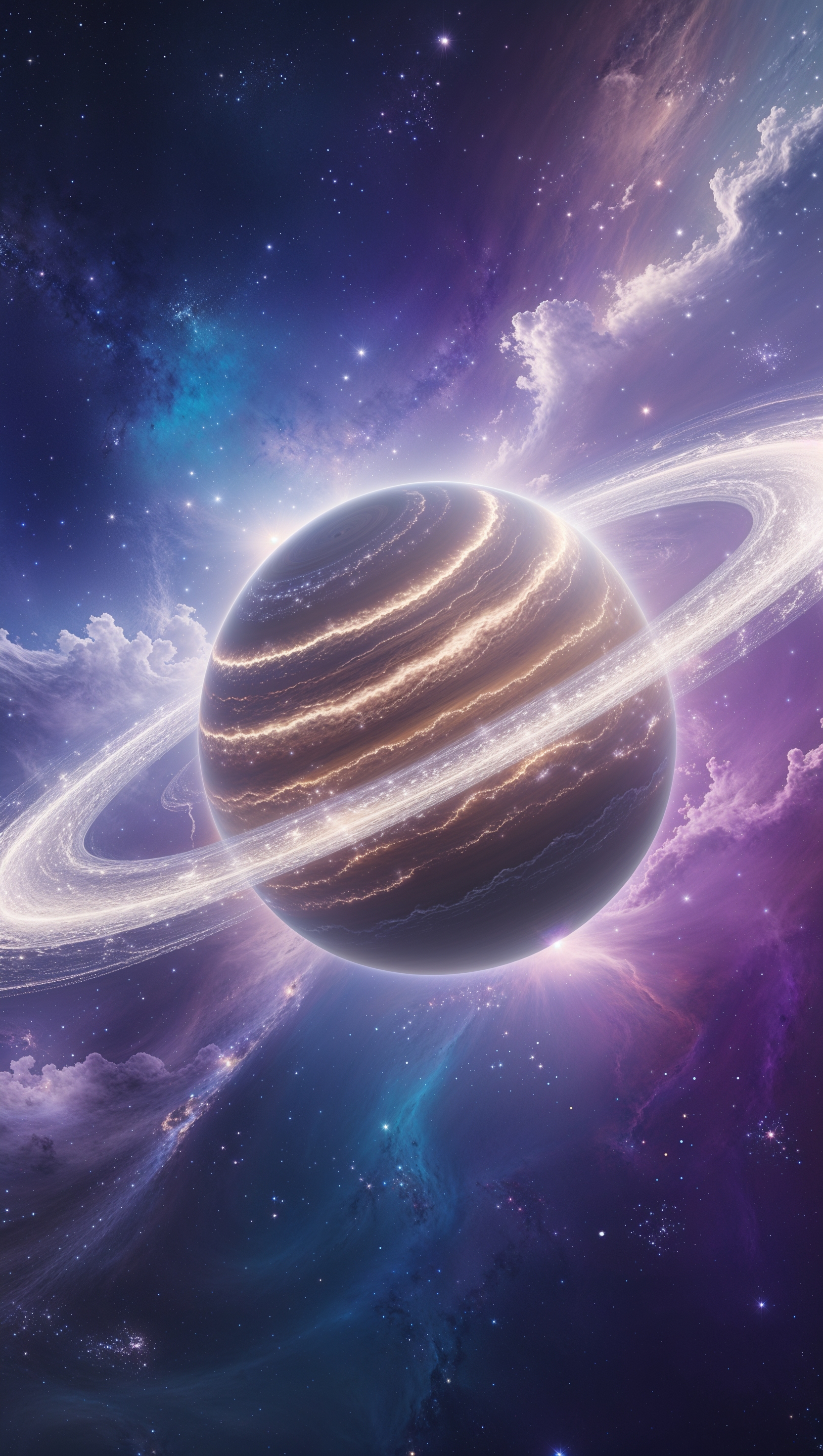 An alien planet with glowing rings in a galactic background