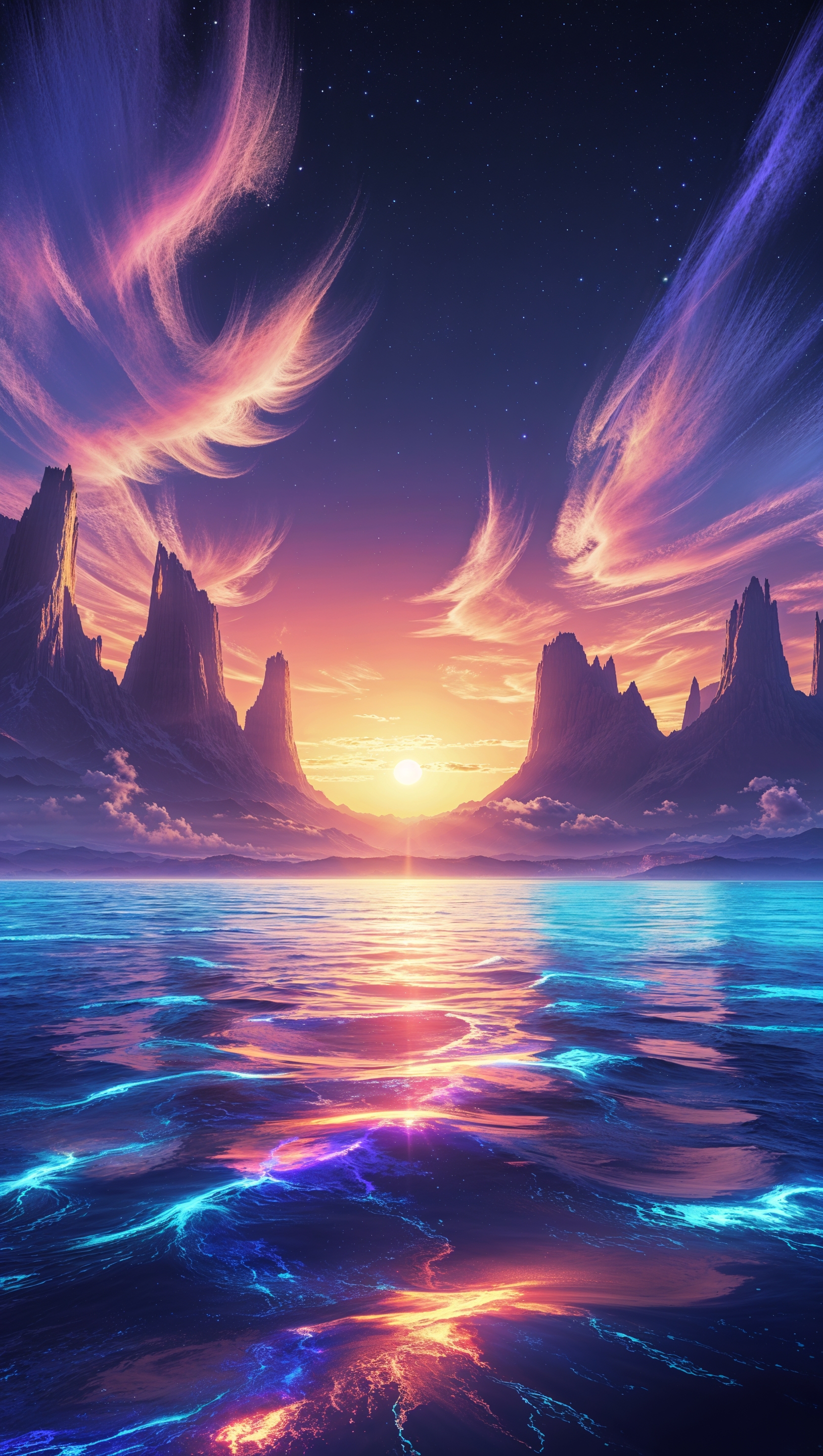 A planet with glowing oceans under two suns