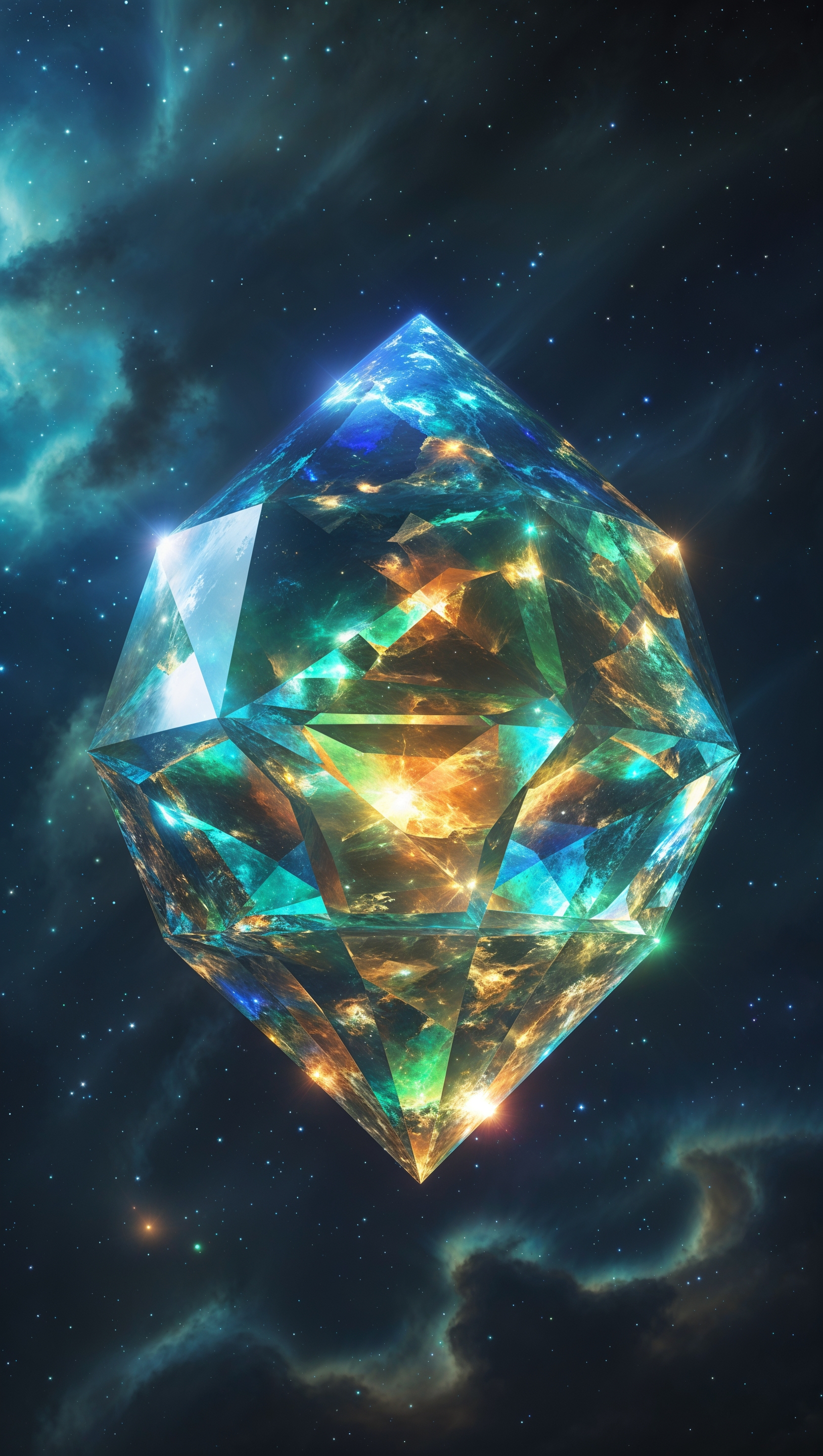 A crystal-like planet with colored lights