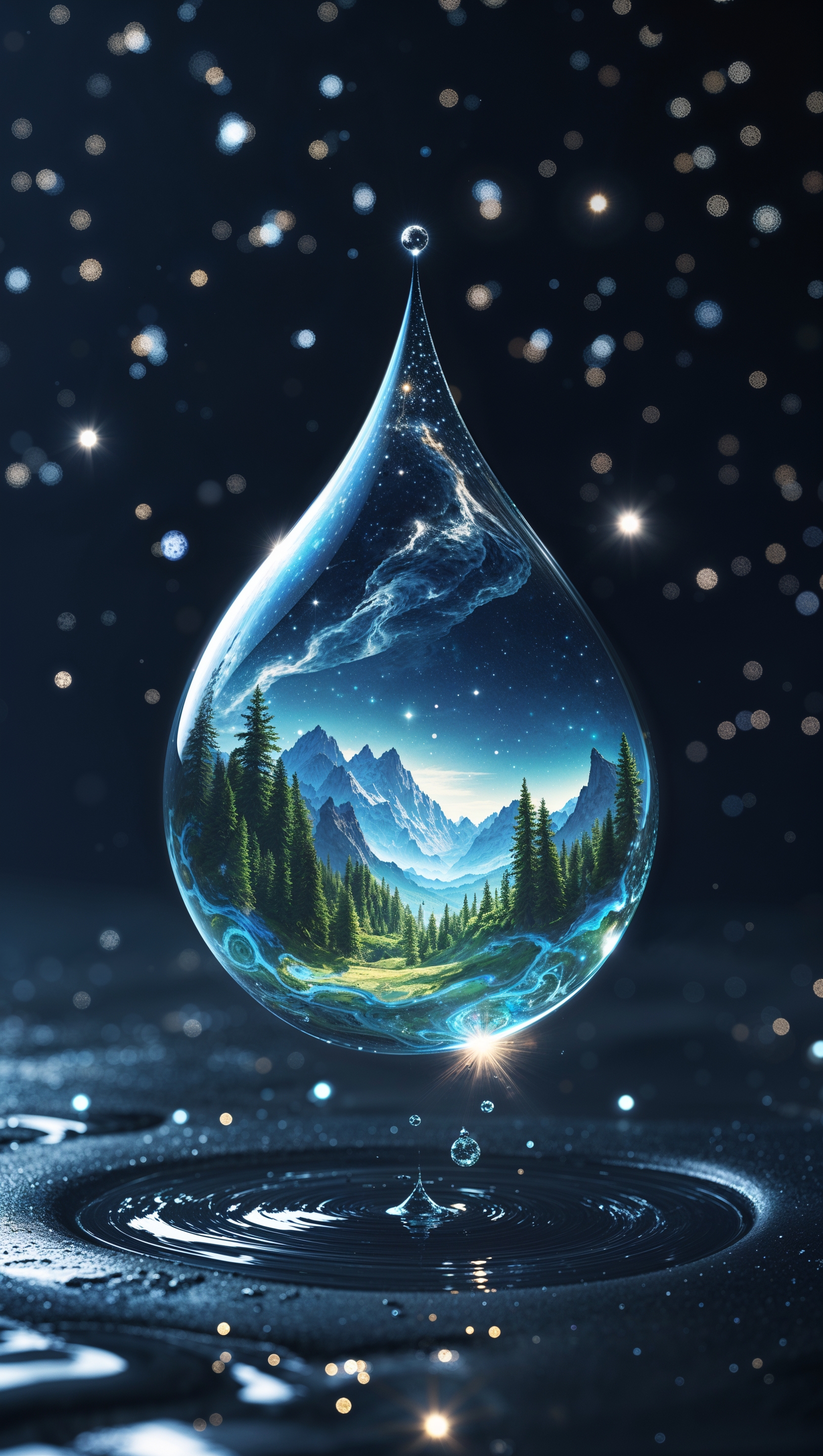 Artistic planet inside a water droplet in space