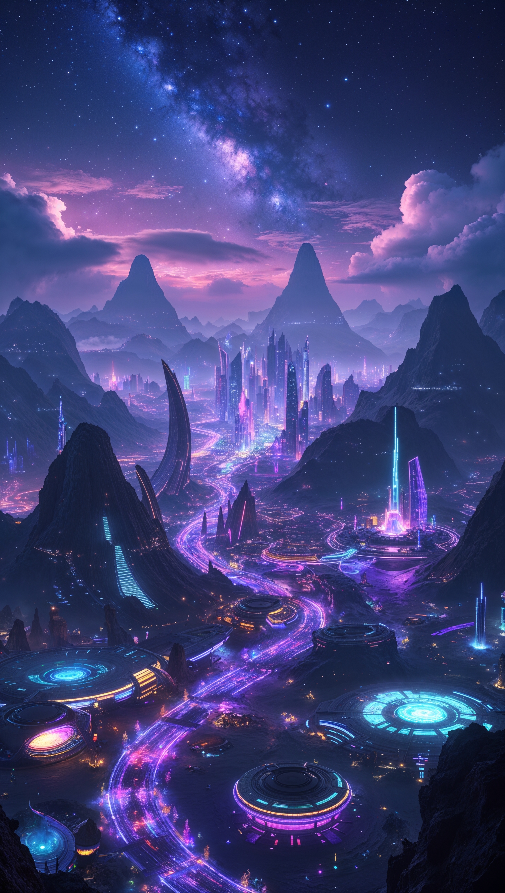 A planet with neon cities in the dark night