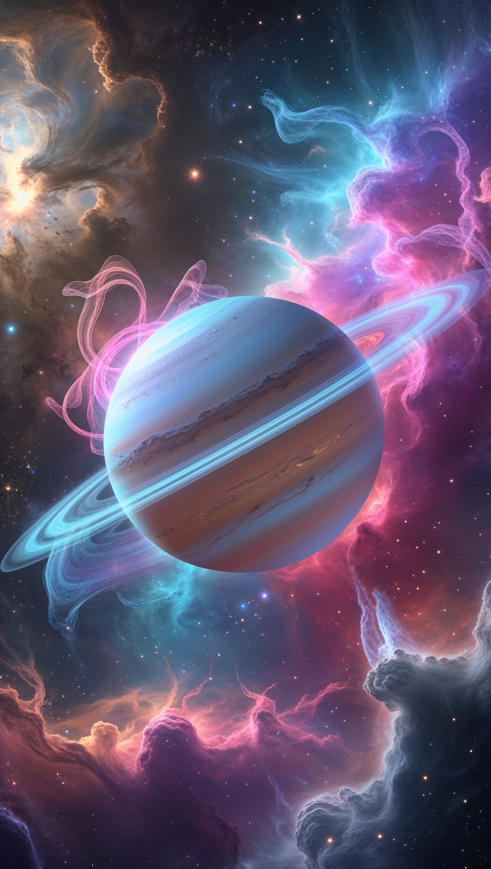 A floating planet among colorful cosmic clouds
