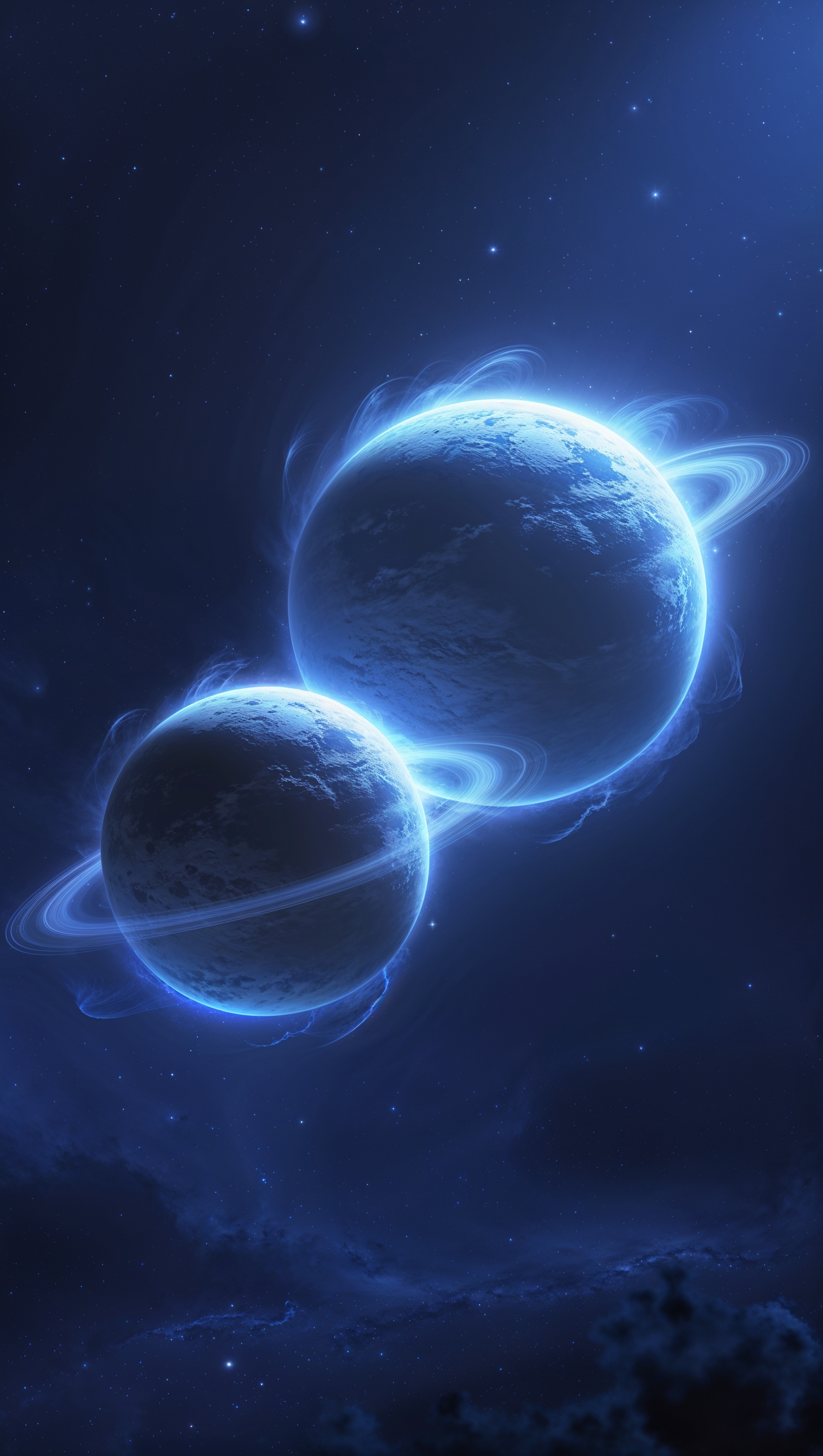 Two planets side by side with a dark blue backlight