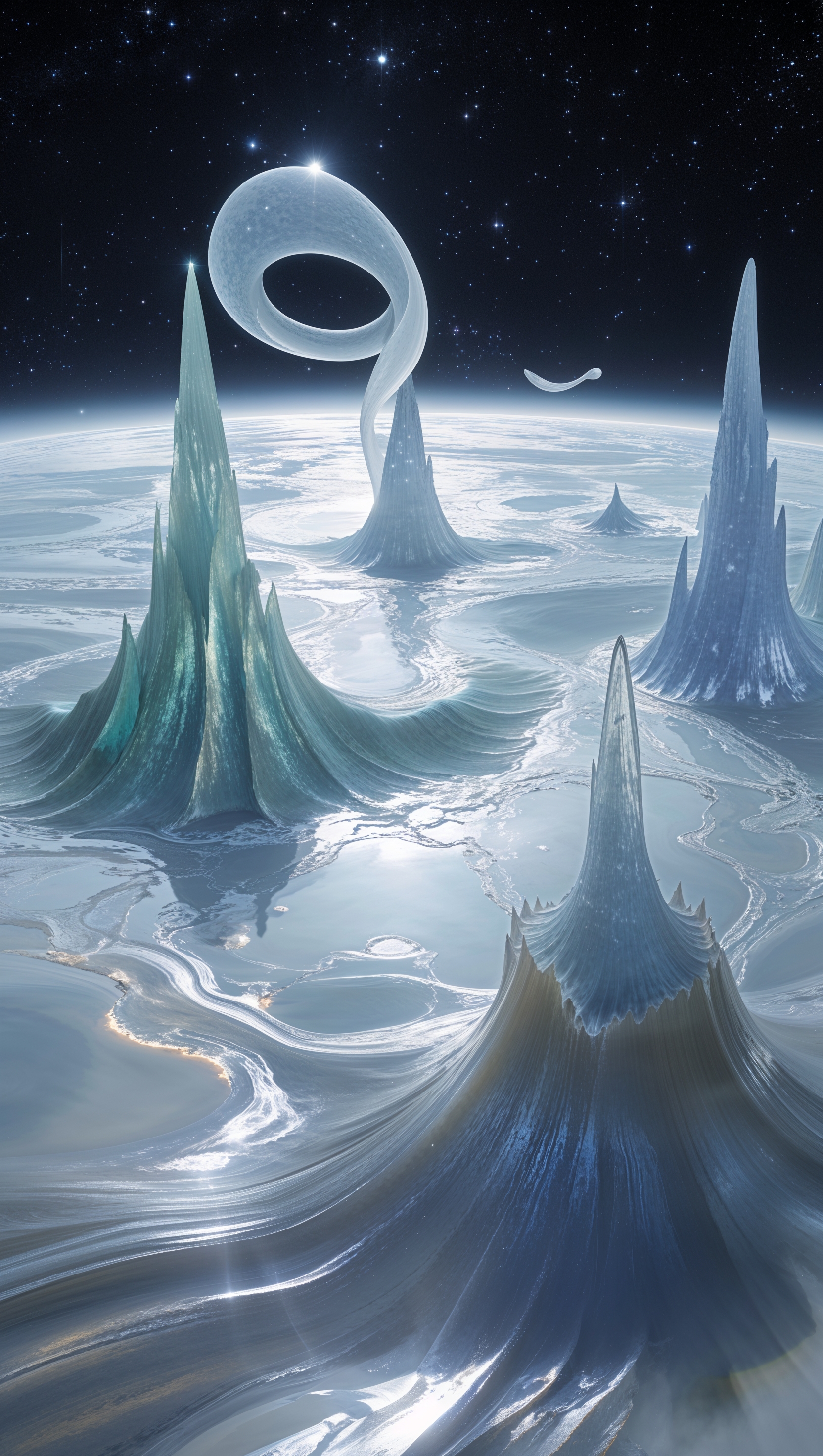 A fictional planet with transparent glass rings