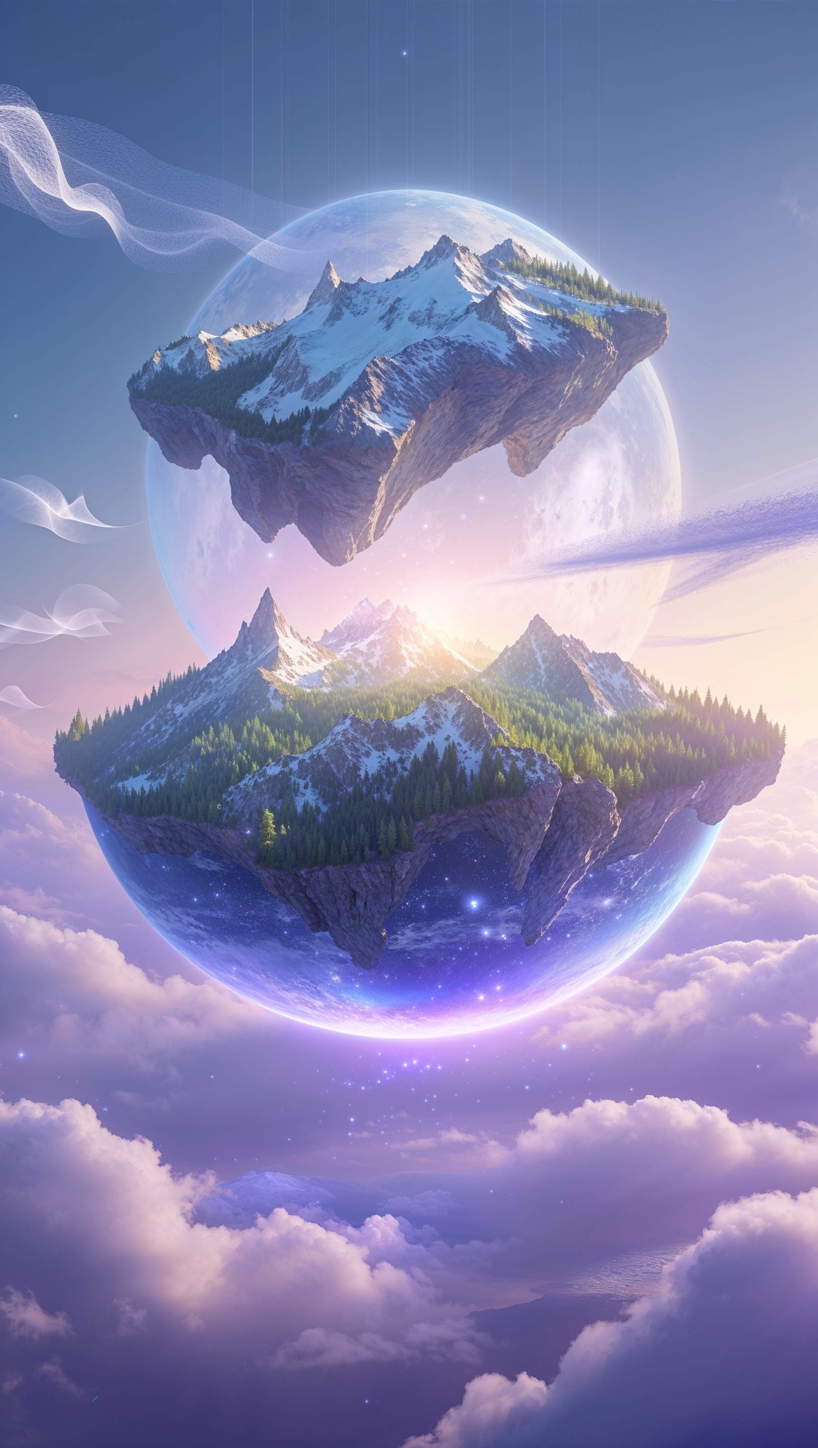 A floating planet with levitating mountains in the sky