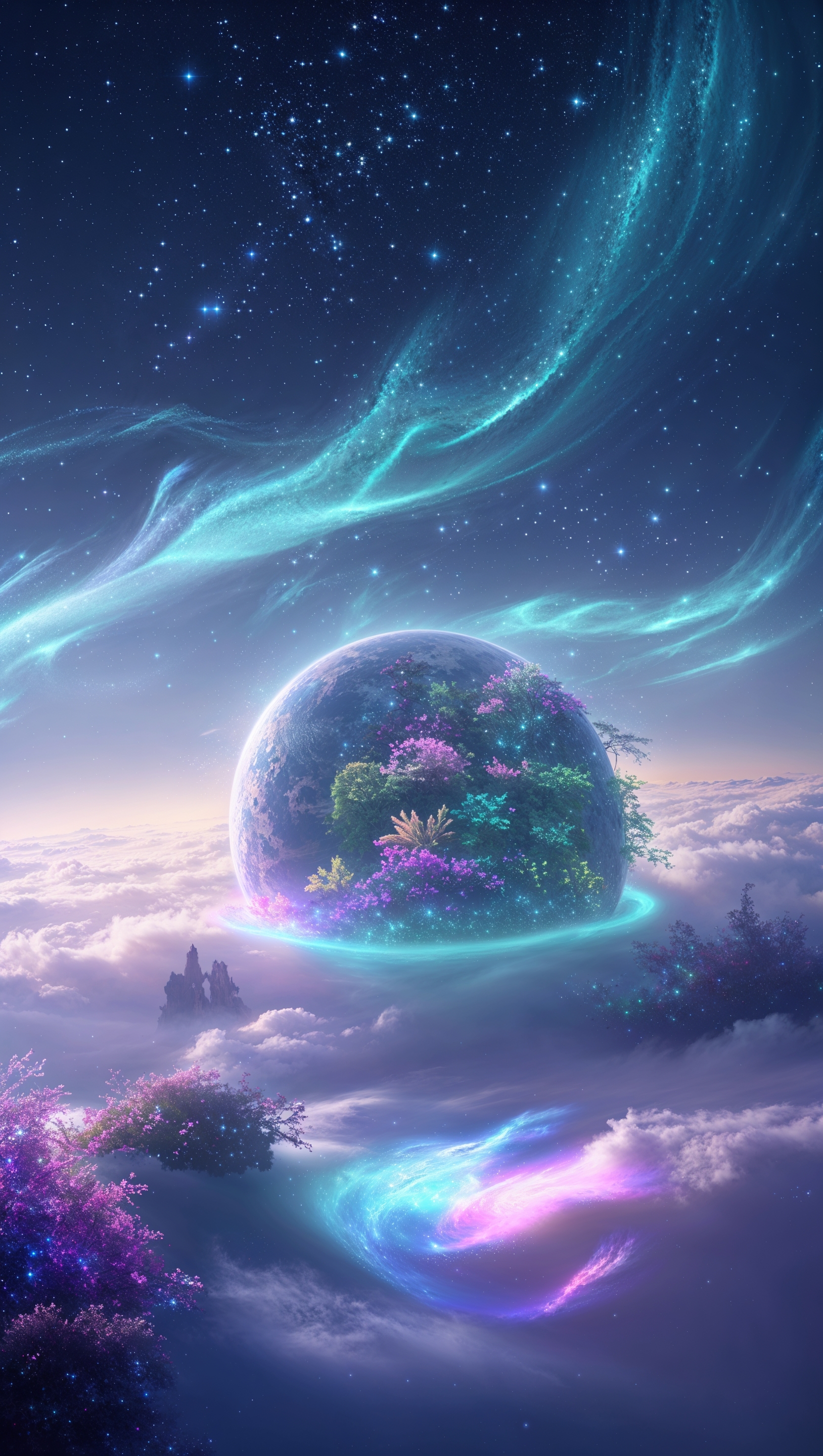 A living planet with a starry night sky